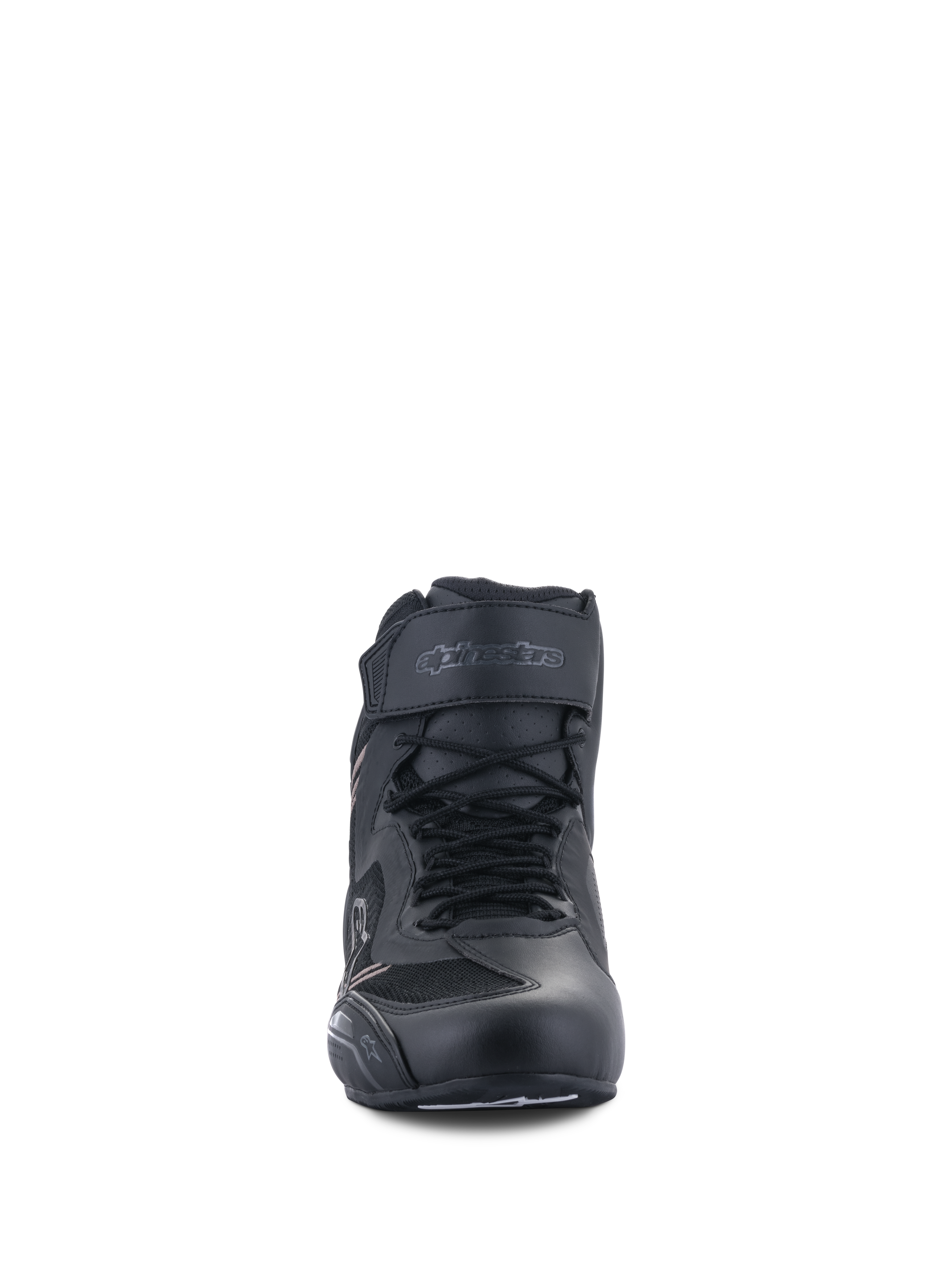Alpinestars Faster-3 Rideknit® schoenen, motorschoenen, zwart zwart, vooraanzicht met veters en klittenbandsluiting rond de enkel, lichtgewicht constructie van microvezel en mesh