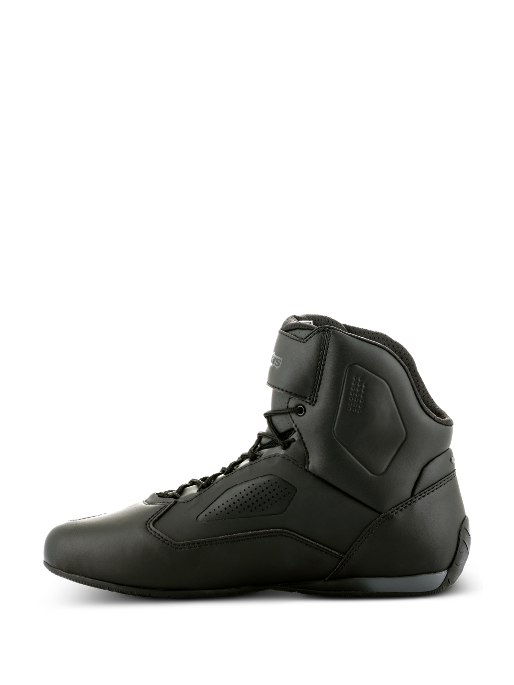 Alpinestars Faster-3 Rideknit® schoenen, zwarte motorschoenen, zijaanzicht, strak microvezel chassis met geperforeerde panelen, hoog model met vetersluiting en enkelband, prestatiegerichte wegrace schoenen