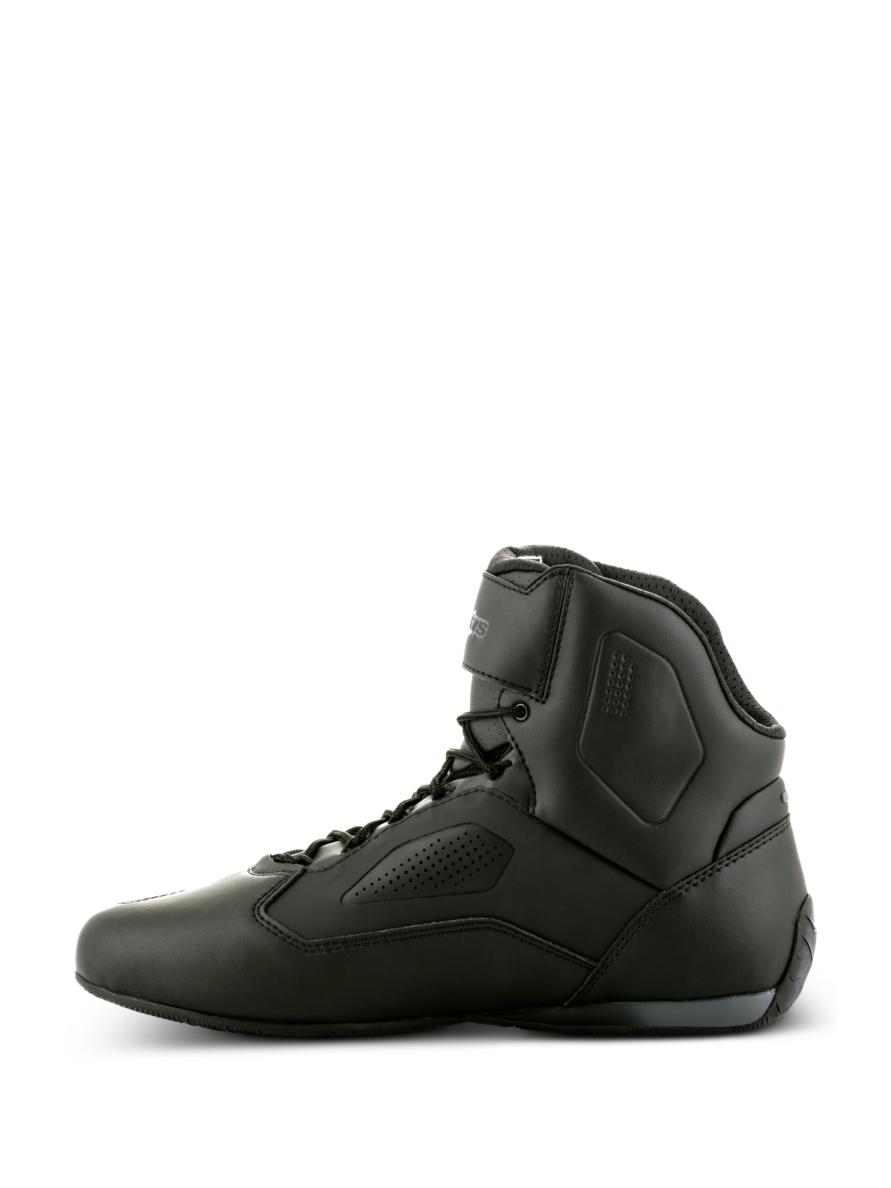 Alpinestars Faster-3 Rideknit® schoenen, zwarte motorschoenen, zijaanzicht, strak microvezel chassis met geperforeerde panelen, hoog model met vetersluiting en enkelband, prestatiegerichte wegrace schoenen