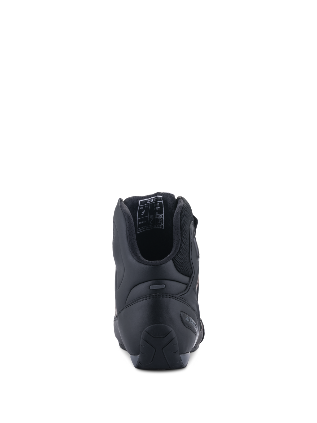 Alpinestars Faster-3 Rideknit® schoenen, achteraanzicht, zwart zwart, met TPR-hielkap voor zijdelingse ondersteuning, microvezel chassis met ademende mesh-voering, high-performance wegraceschoenen voor motorrijders