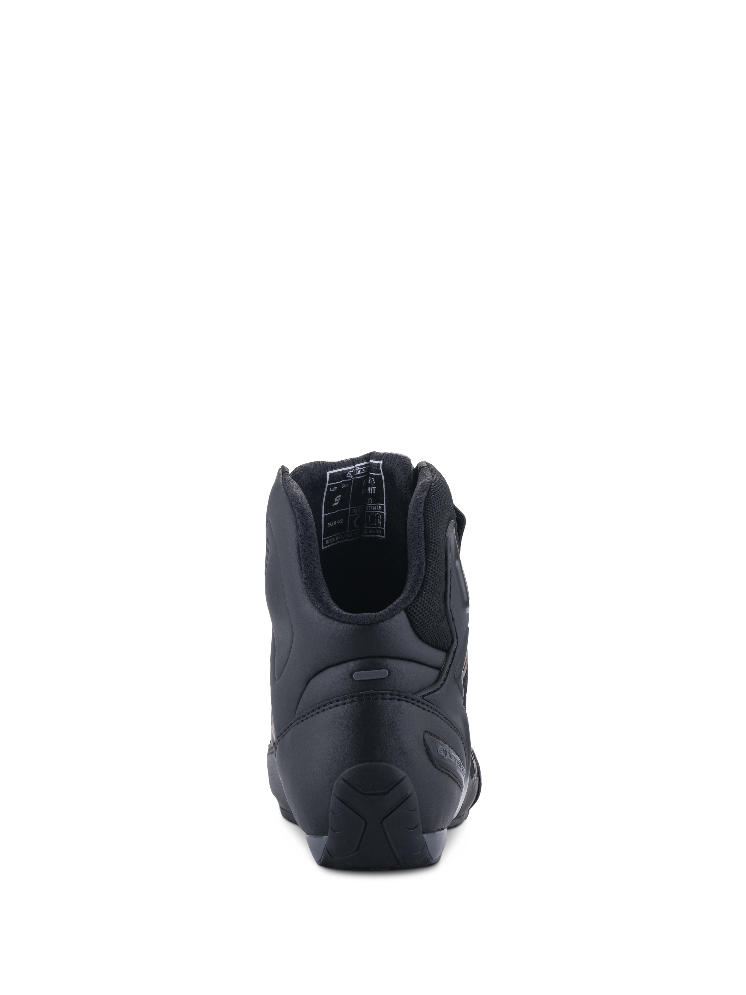 Alpinestars Faster-3 Rideknit® schoenen, achteraanzicht, zwart zwart, met TPR-hielkap voor zijdelingse ondersteuning, microvezel chassis met ademende mesh-voering, high-performance wegraceschoenen voor motorrijders