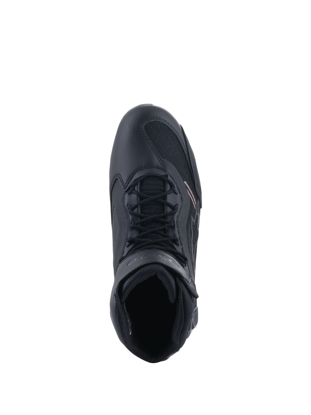 Alpinestars Faster-3 Rideknit® schoenen, motorschoenen, zwart, bovenaanzicht met vetersluiting en enkelband, voorzien van een mix van ademend mesh en microvezel, sportief ontwerp voor prestatiegericht rijden op de weg