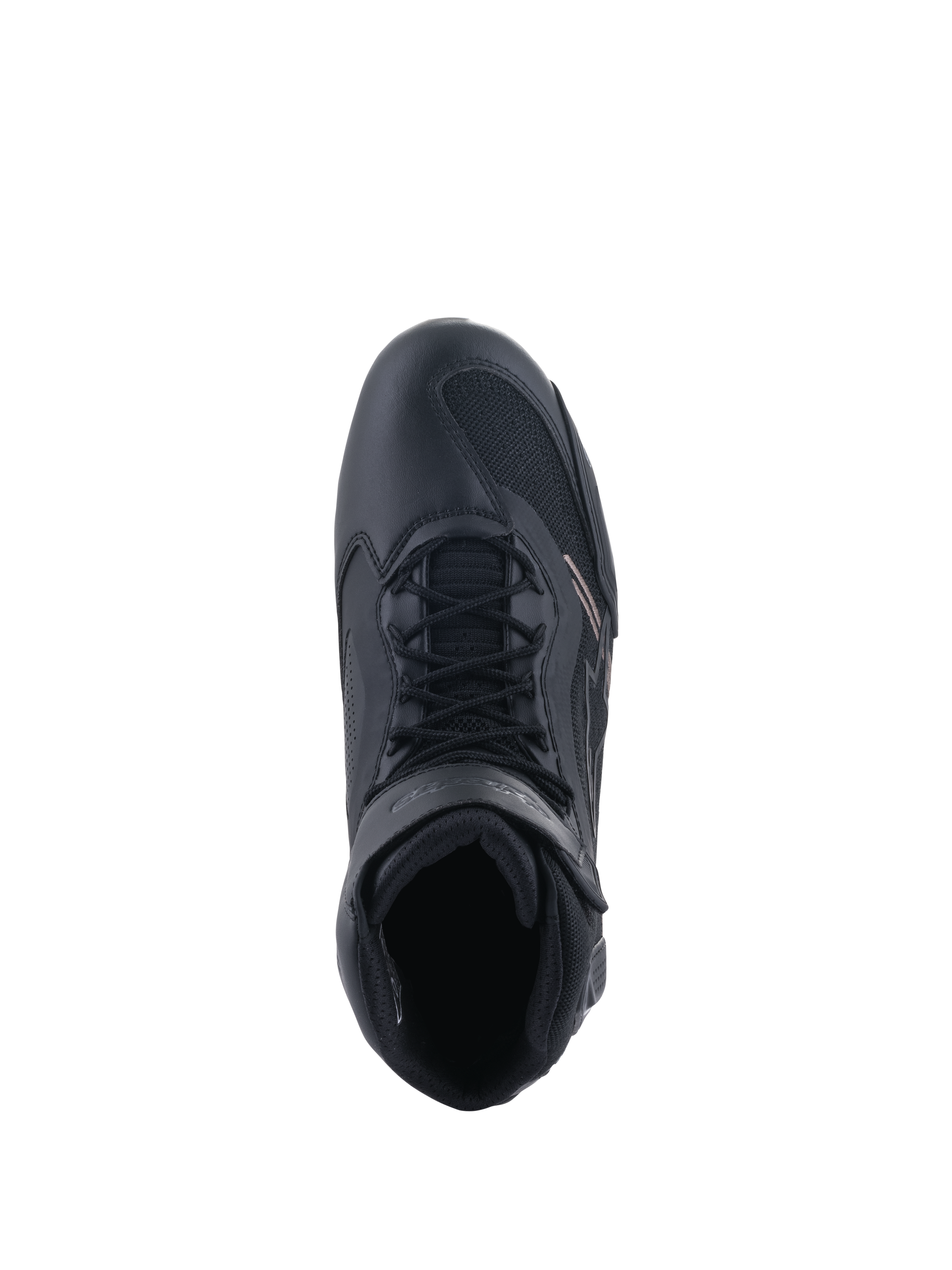 Alpinestars Faster-3 Rideknit® schoenen, motorschoenen, zwart, bovenaanzicht met vetersluiting en enkelband, voorzien van een mix van ademend mesh en microvezel, sportief ontwerp voor prestatiegericht rijden op de weg