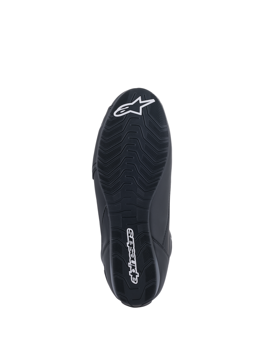 Alpinestars Faster-3 Rideknit® schoenen, motorschoenen, zwart, onderaanzicht van de zool met getextureerd profiel, wit Alpinestars woordmerk en sterlogo, ontworpen voor wegraceprestaties