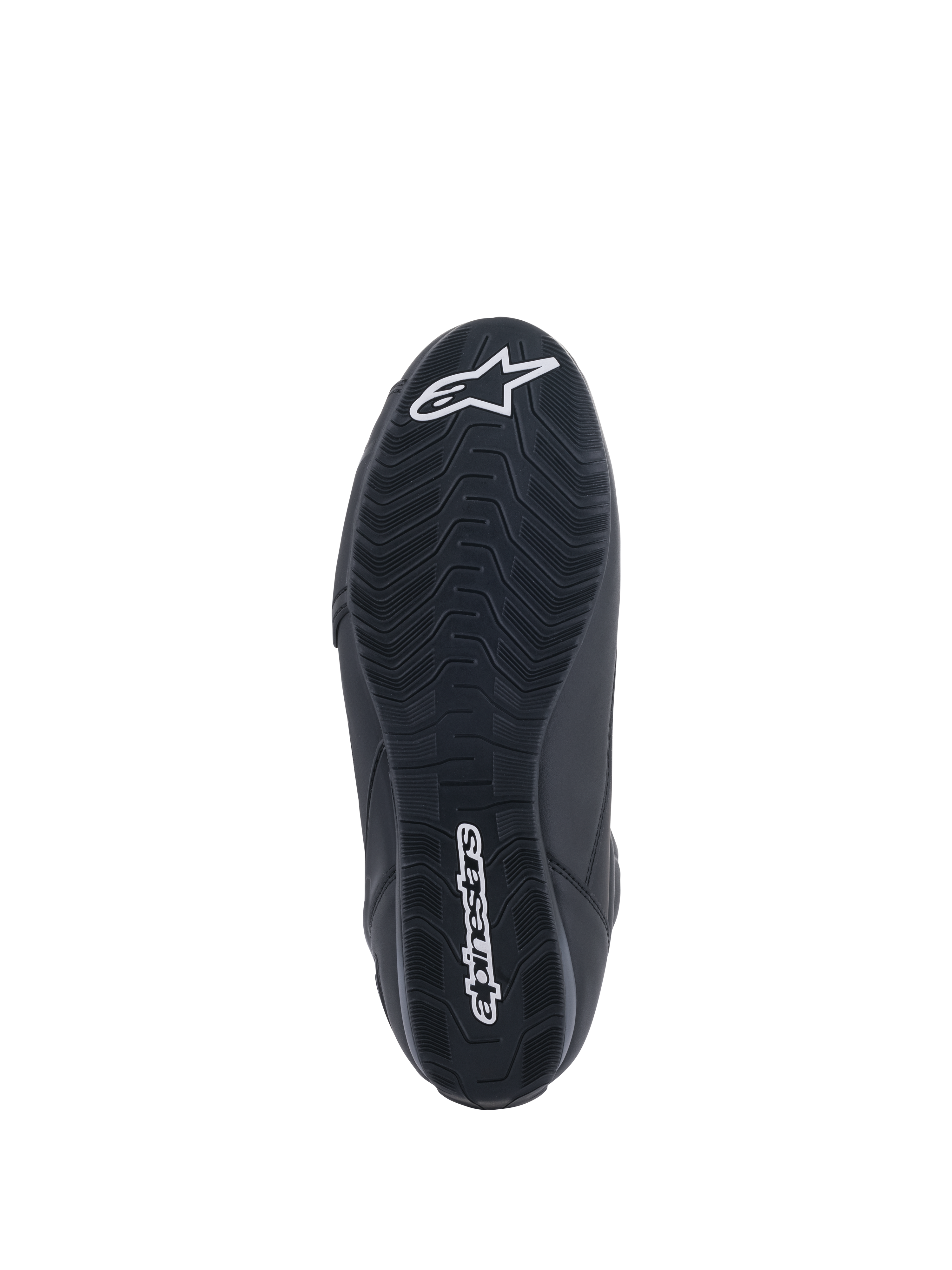 Alpinestars Faster-3 Rideknit® schoenen, motorschoenen, zwart, onderaanzicht van de zool met getextureerd profiel, wit Alpinestars woordmerk en sterlogo, ontworpen voor wegraceprestaties