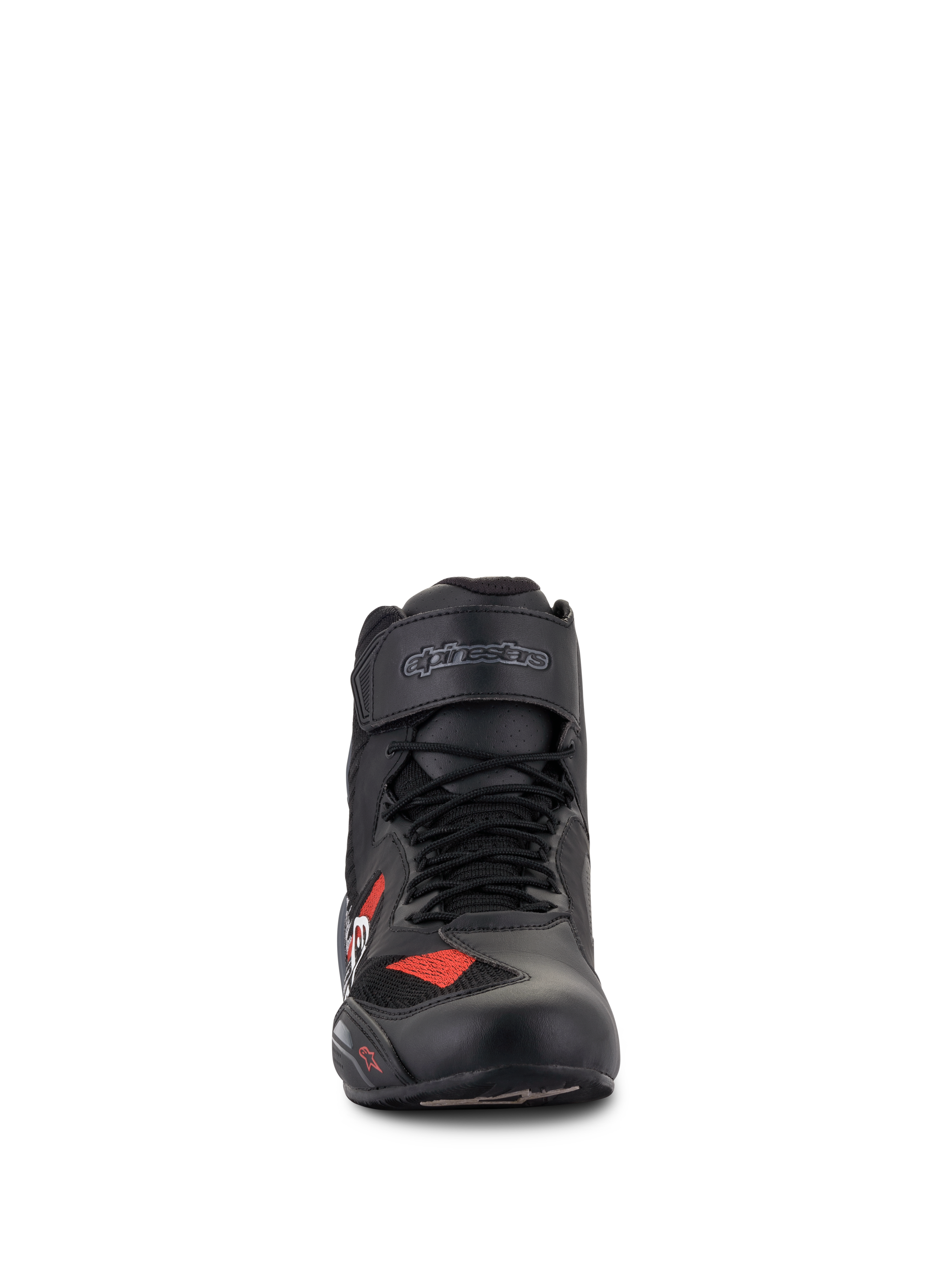 Alpinestars Faster-3 Rideknit® Schuhe, Motorradschuhe, Schwarz Grau und Hellrot, Vorderansicht mit schwarzen Schnürsenkeln und Klettverschlussriemen mit Logo, Konstruktion aus leichter Mikrofaser und atmungsaktivem Mesh, sportliches Design für Straßenfahrten