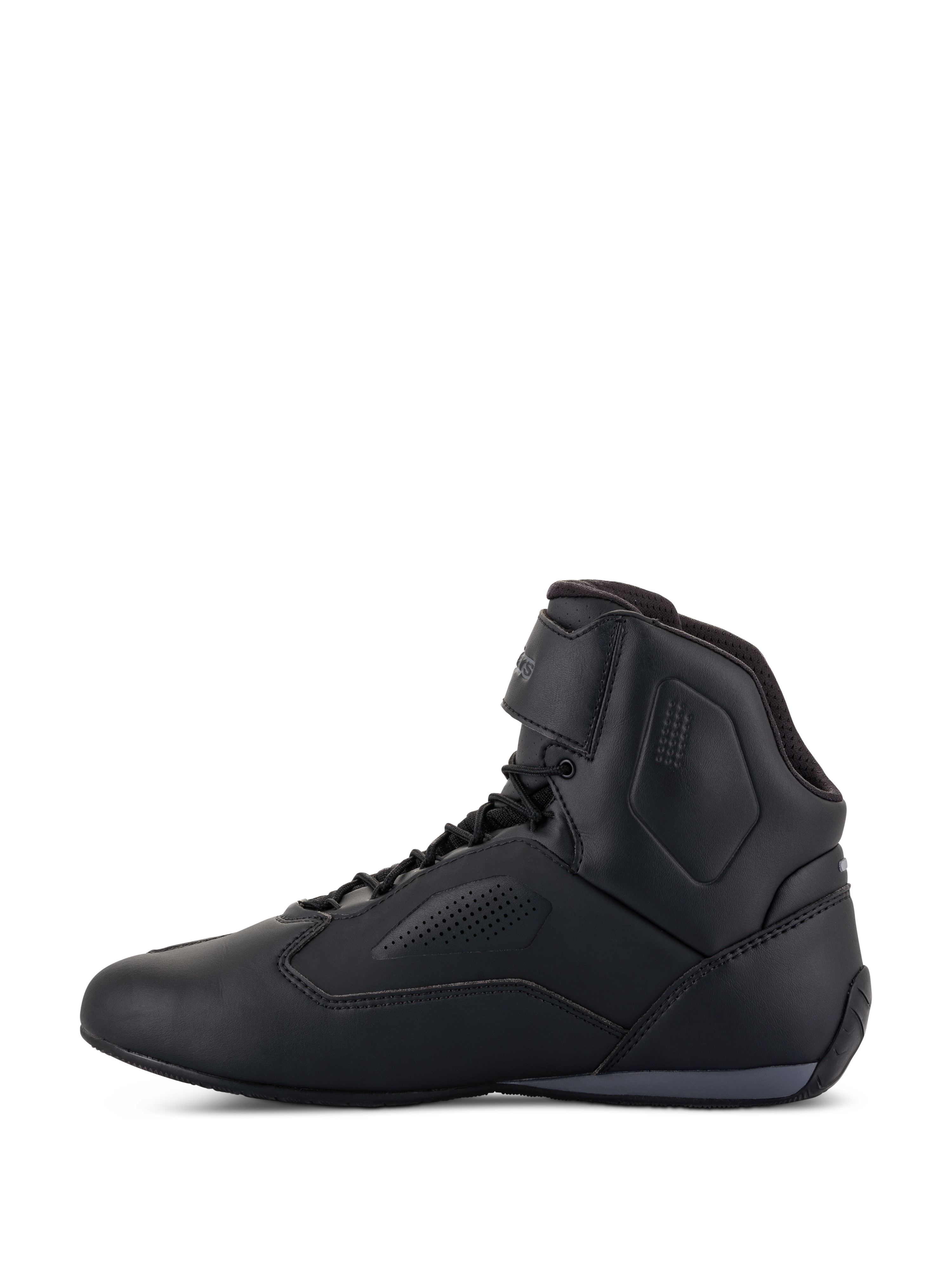 Alpinestars Faster-3 Rideknit® Schuhe, Motorradschuhe, Schwarz, Seitenansicht, schlankes Mikrofaser-Obermaterial mit perforierten Belüftungseinsätzen, Schnürverschluss mit Klettverschluss-Knöchelriemen, sportliches, vom Straßenrennsport inspiriertes Design