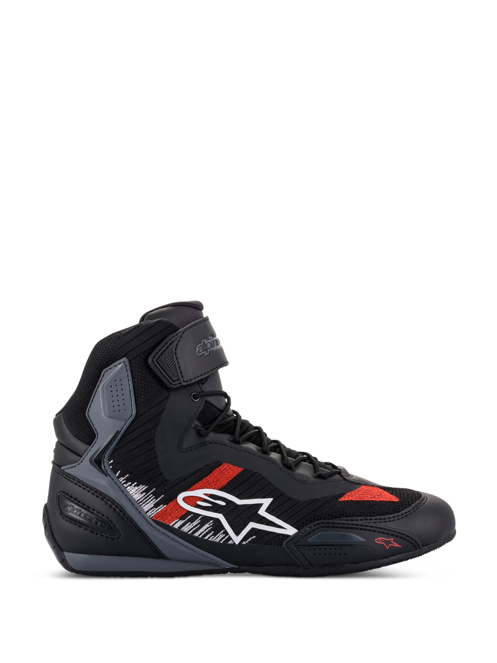 Alpinestars Faster-3 Rideknit Schuhe, Motorrad-Sneaker, Schwarz mit grauen und leuchtend roten Akzenten, High-Top-Design mit weißem Stern-Logo, atmungsaktive Strickkonstruktion, Knöchelriemen, graue texturierte Einsätze, schwarz-graue Sohle