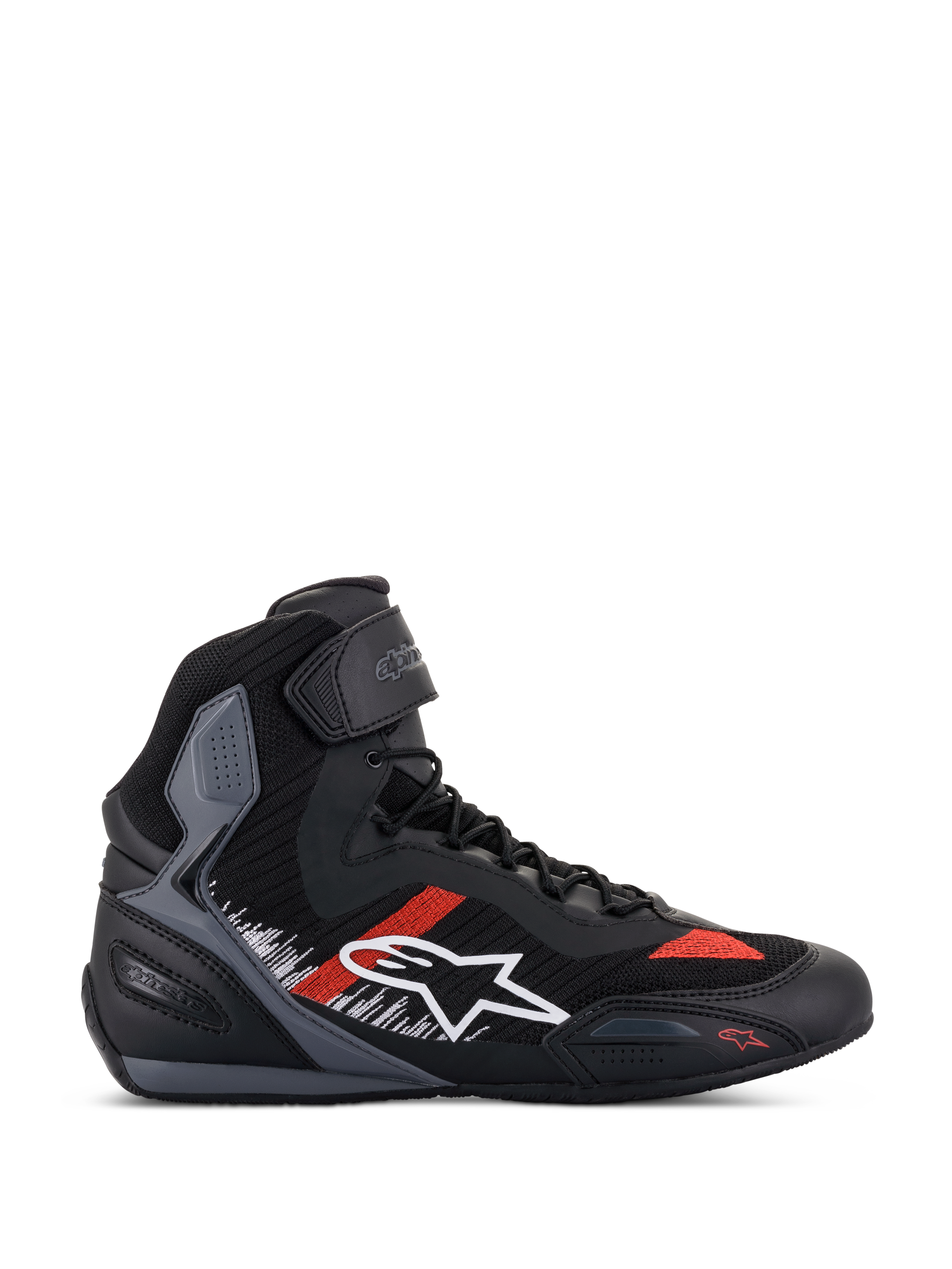 Alpinestars Faster-3 Rideknit®, chaussures de moto montantes, noires avec accents gris et rouge vif, logo étoile blanc, construction en maille tricotée respirante, sangle à la cheville, panneaux texturés gris, semelle noire et grise