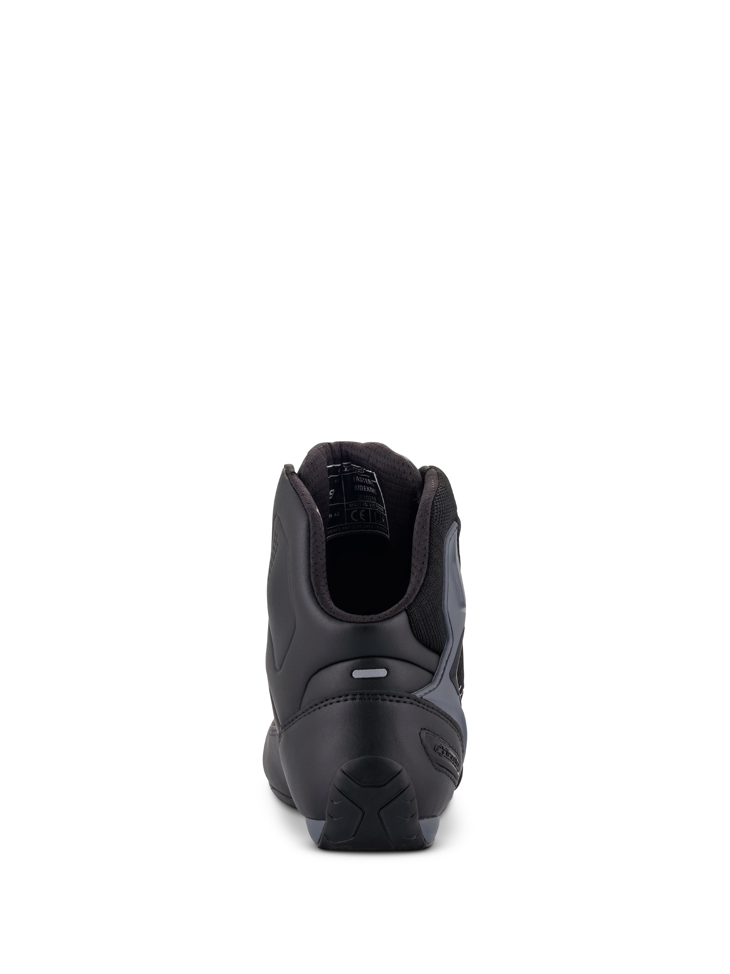 Alpinestars Faster-3 Rideknit® Schuhe, Motorradschuhe, Schwarz Grau und Hellrot, Rückansicht mit TPR-Fersenkappe und gepolstertem Kragen, schlanke Konstruktion aus Mikrofaser und Textil