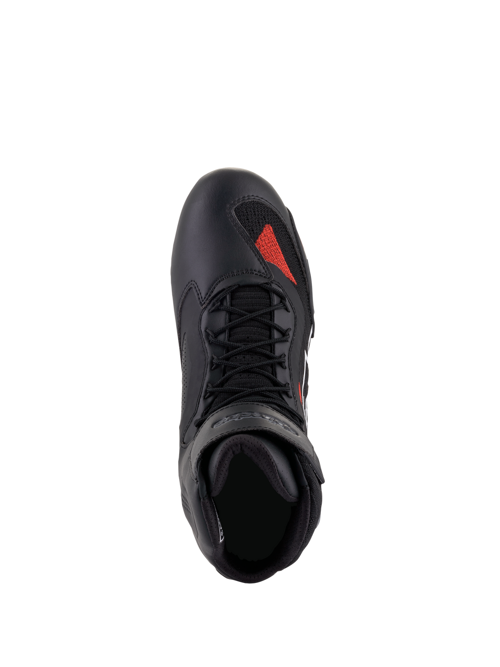 Alpinestars Faster-3 Rideknit® Schuhe, Schwarz Grau Hellrot, Draufsicht, mit schwarzem Mikrofaser-Chassis und rotem Strick-Akzent im Zehenbereich, schwarzen Schnürsenkeln und gepolstertem Kragen, technische Motorradschuhe