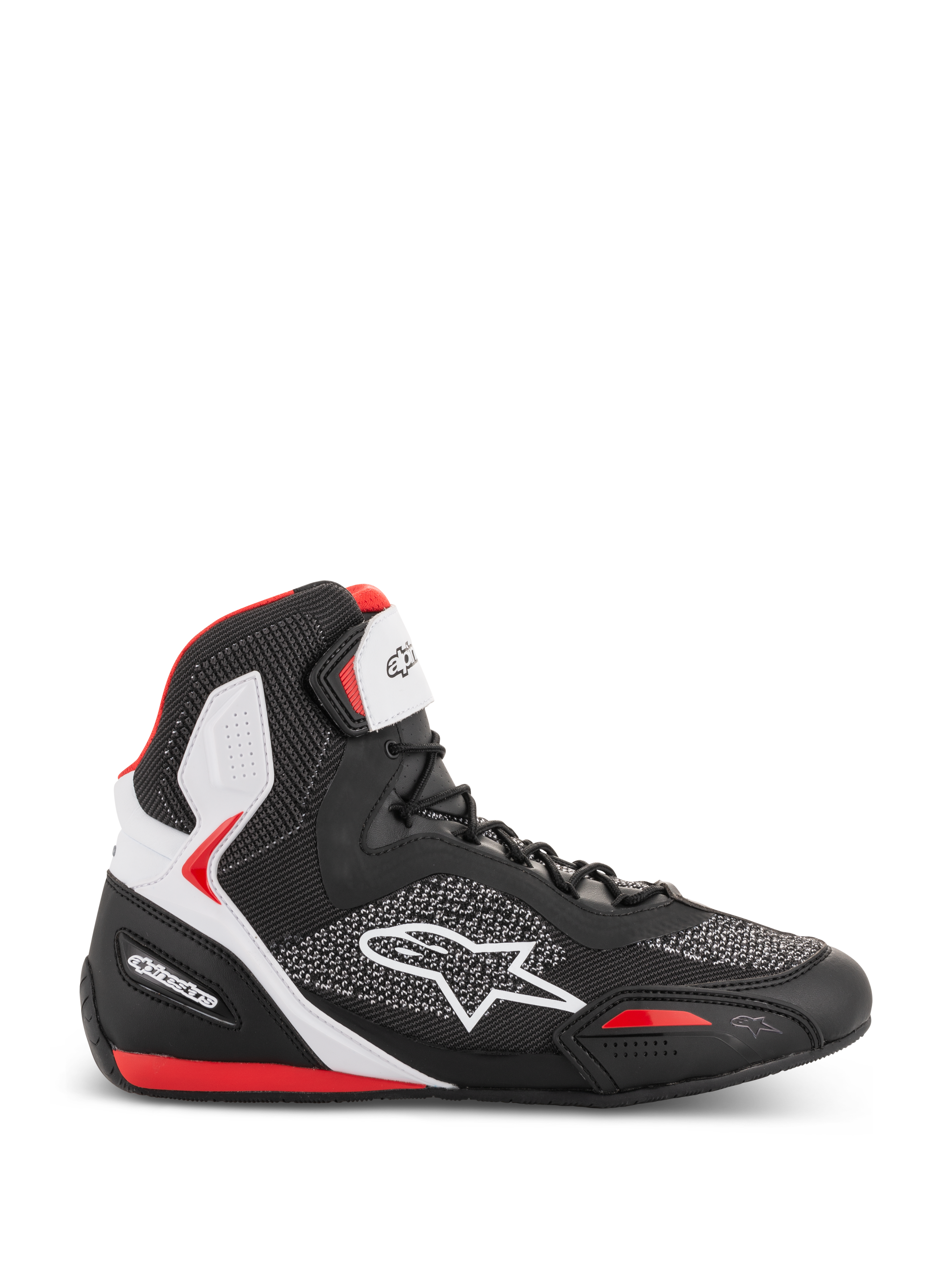 Chaussures Alpinestars Faster-3 Rideknit, baskets de moto montantes, noires, blanches et rouges, tige en mesh tricoté respirant avec logo étoile blanc, soutien de la cheville rembourré, design sportif de course sur route