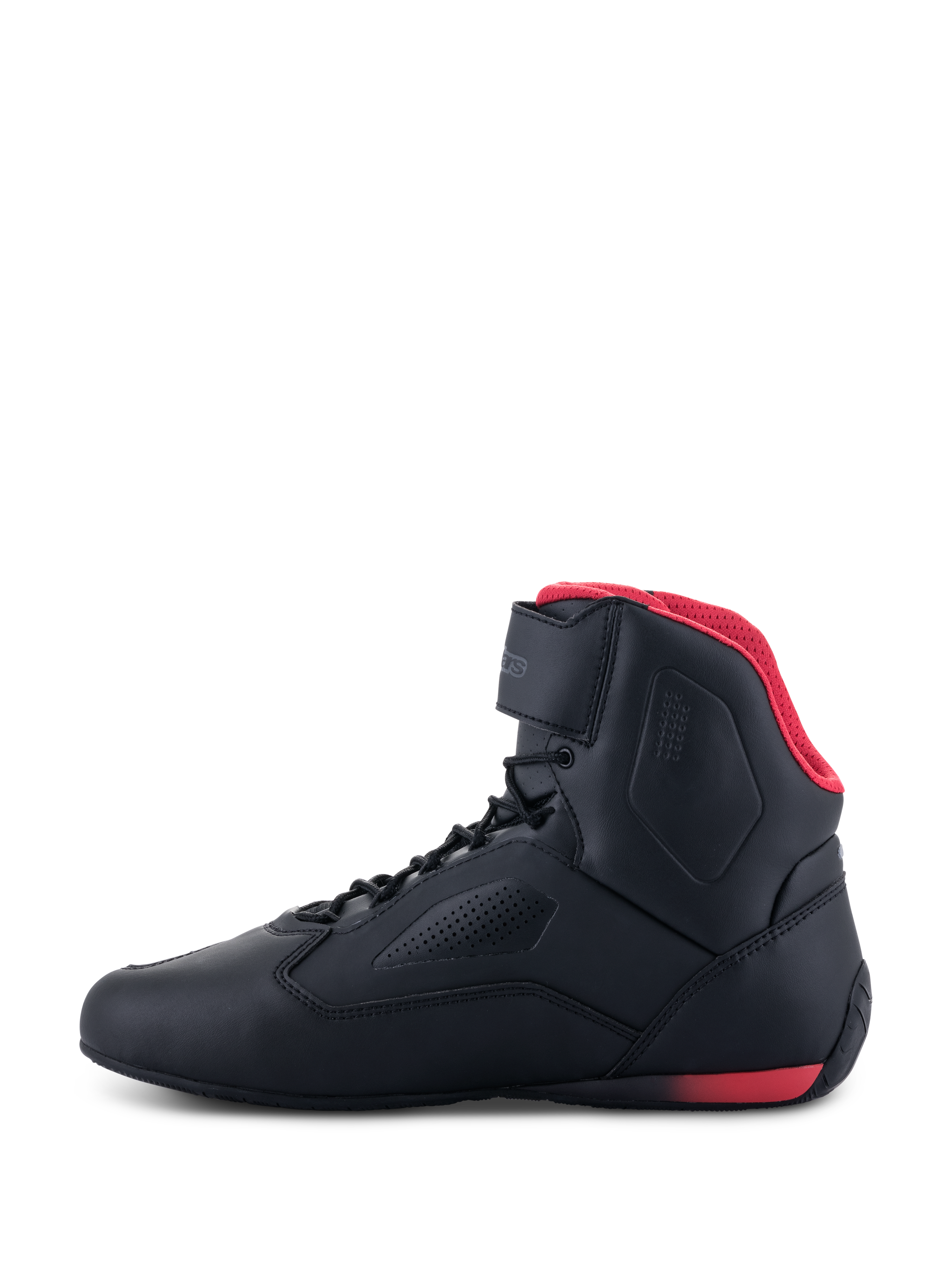 Alpinestars Faster-3 Rideknit® Schuhe, Motorradschuhe, Schwarz und Rot, Seitenansicht, mit rotem Mesh-Futter, Knöchelriemen und perforiertem Mikrofaser-Chassis