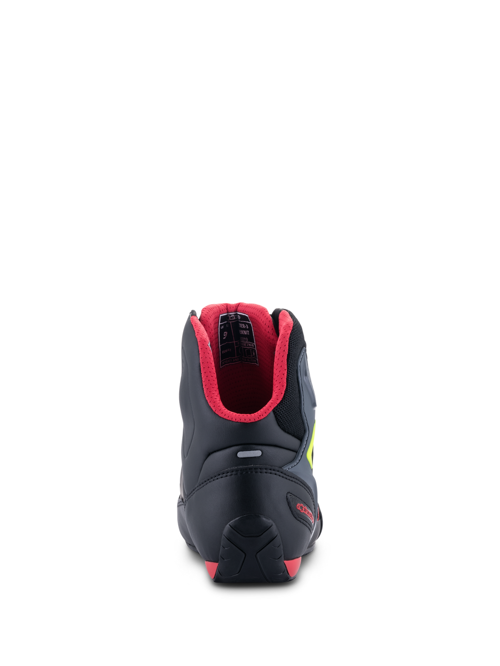 Alpinestars Faster-3 Rideknit® Schuhe, Rückansicht, Schwarz mit rotem Innenfutter und neongelben Akzenten, verfügt über eine TPR-Fersenkappe und einen Reflexionsstreifen, Performance-Motorradschuhe