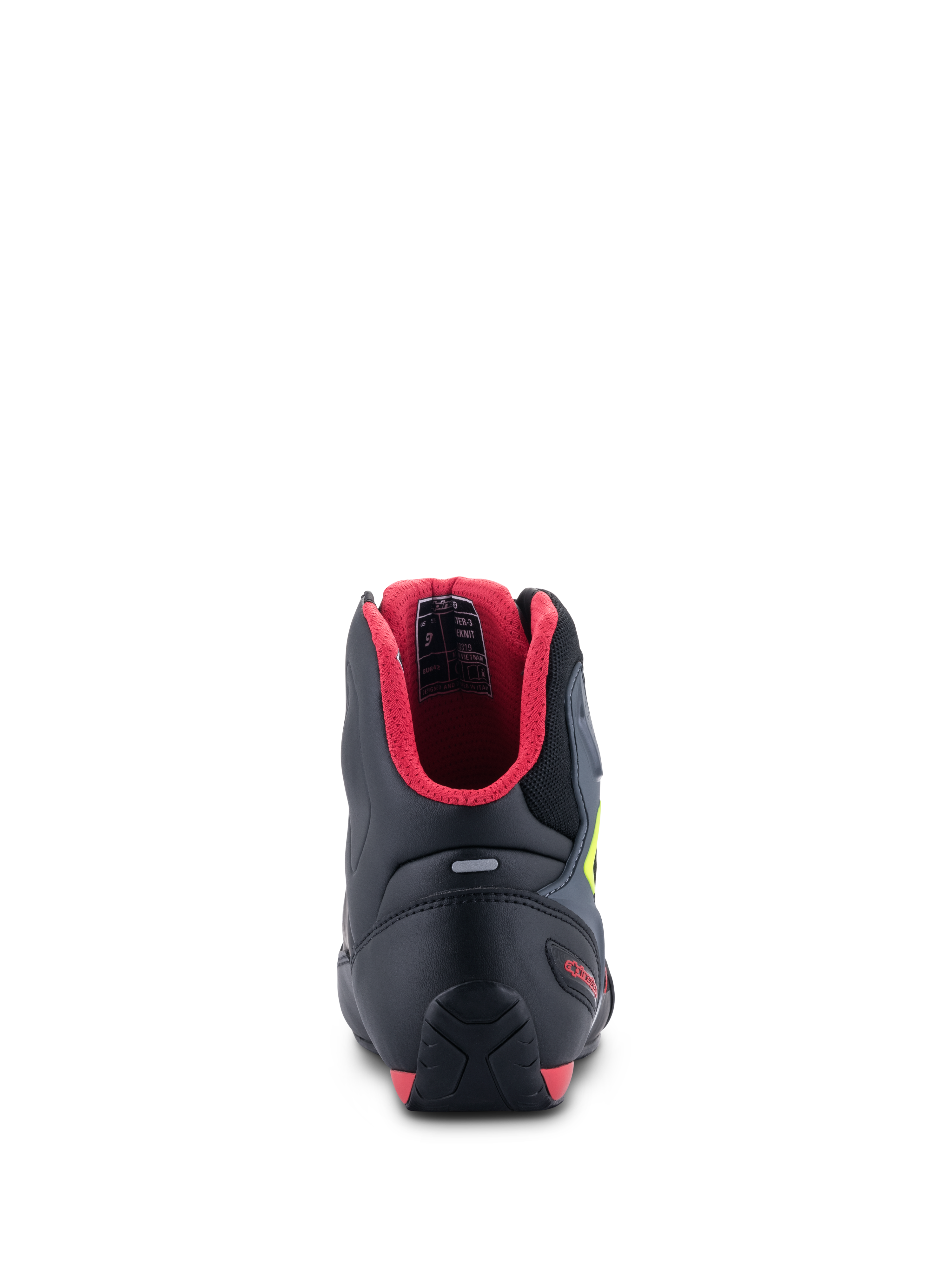 Alpinestars Faster-3 Rideknit® Schuhe, Rückansicht, Schwarz mit rotem Innenfutter und neongelben Akzenten, verfügt über eine TPR-Fersenkappe und einen Reflexionsstreifen, Performance-Motorradschuhe
