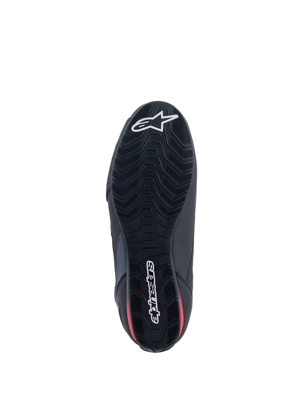 Alpinestars Faster-3 Rideknit® Schuhe, Unteransicht, schwarze Sohle mit roten Akzenten, strukturiertes Profil für Grip, weißes Alpinestars Stern-Logo an der Zehenpartie und Wortmarke an der Ferse, leichtes Motorrad-Schuhwerk