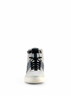Alpinestars Circal Riding Shoes, Gray Black and Methyl Blue, front view of urban motorcycle footwear featuring a high-top design with canvas panels, black elasticated laces, and a speckled off-white sole