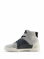 Alpinestars Circal Riding Shoes, Urban Motorcycle Footwear, Gray Black and Methyl Blue, side profile featuring canvas and recycled felt materials, speckled off-white sole, high-top casual style for urban riding