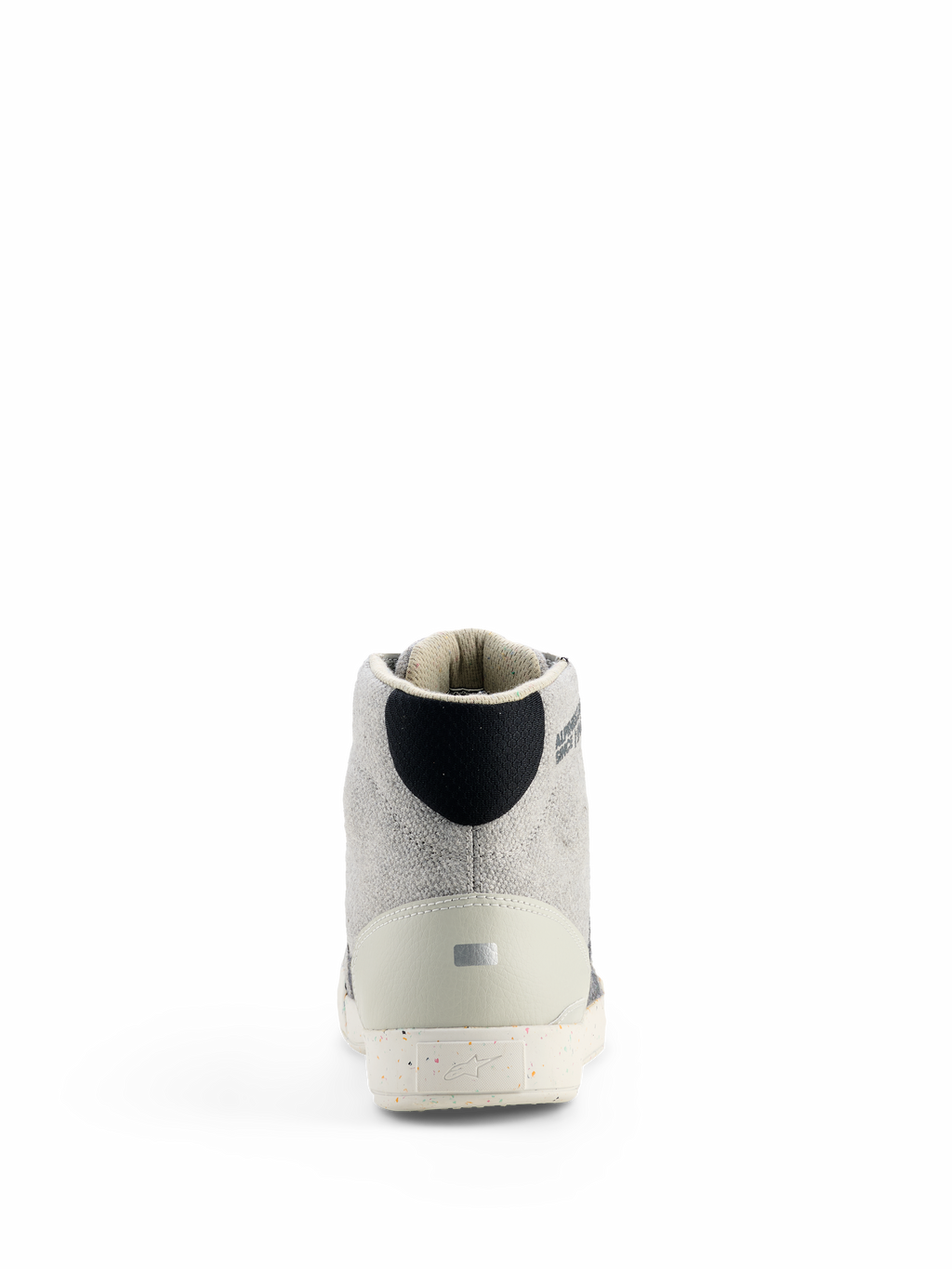 Alpinestars Circal Riding Shoes, Urban Motorcycle Footwear, Gray and Black, rear view featuring light gray canvas upper, black heel detail, reflective silver element on the heel counter, and speckled recycled rubber sole with brand logo.