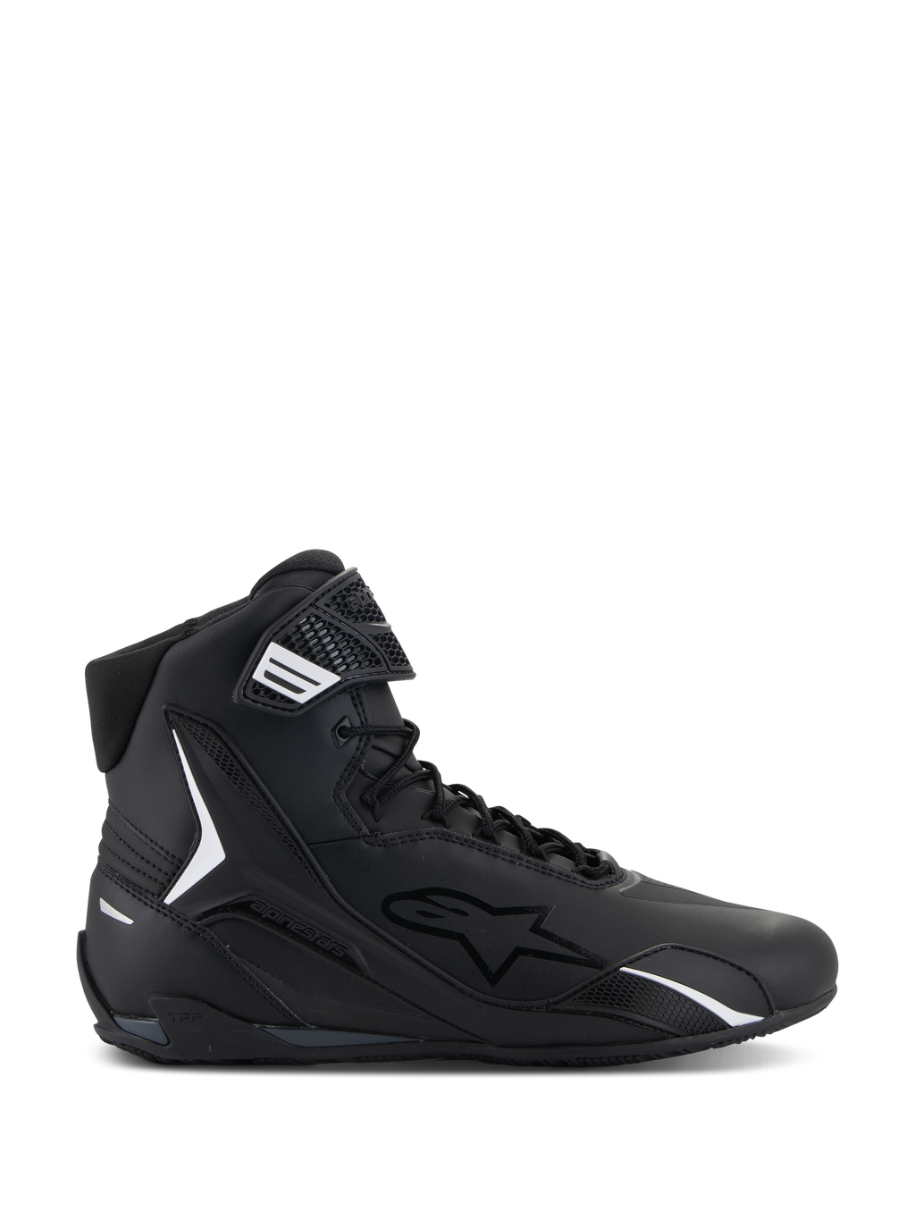 Chaussures Alpinestars Faster-4, chaussures de moto montantes noires, vue de profil, noir avec accents blancs, fermeture à lacets avec sangle auto-agrippante, design sportif avec col rembourré et protection en TPU