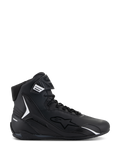 Chaussures Alpinestars Faster-4, chaussures de moto montantes noires, vue de profil, noir avec accents blancs, fermeture à lacets avec sangle auto-agrippante, design sportif avec col rembourré et protection en TPU