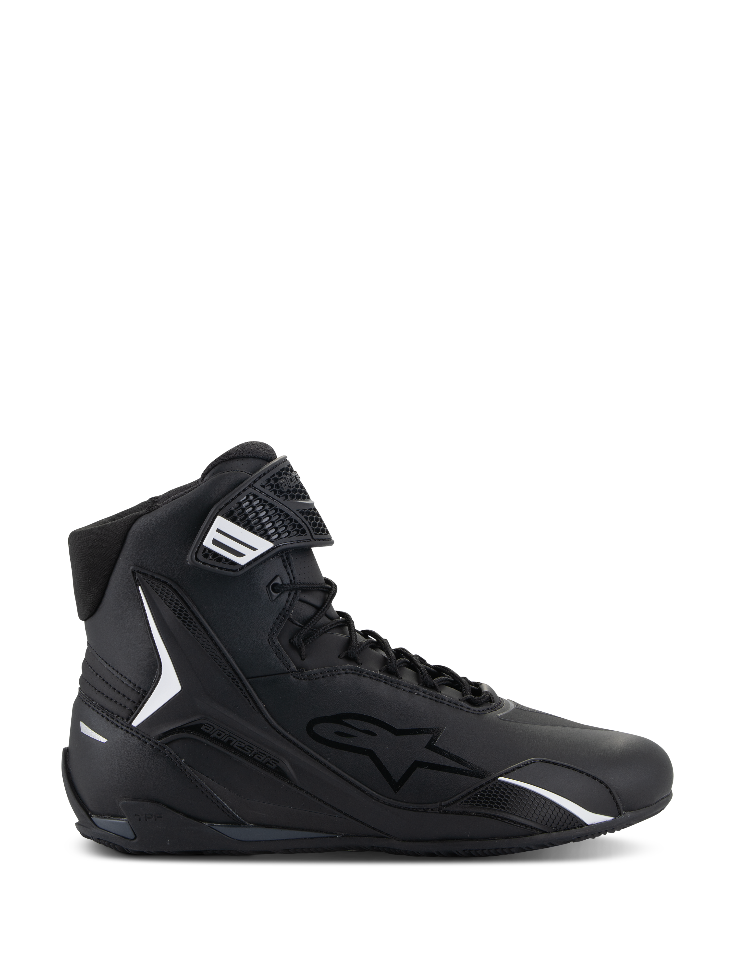 Chaussures Alpinestars Faster-4, chaussures de moto montantes noires, vue de profil, noir avec accents blancs, fermeture à lacets avec sangle auto-agrippante, design sportif avec col rembourré et protection en TPU