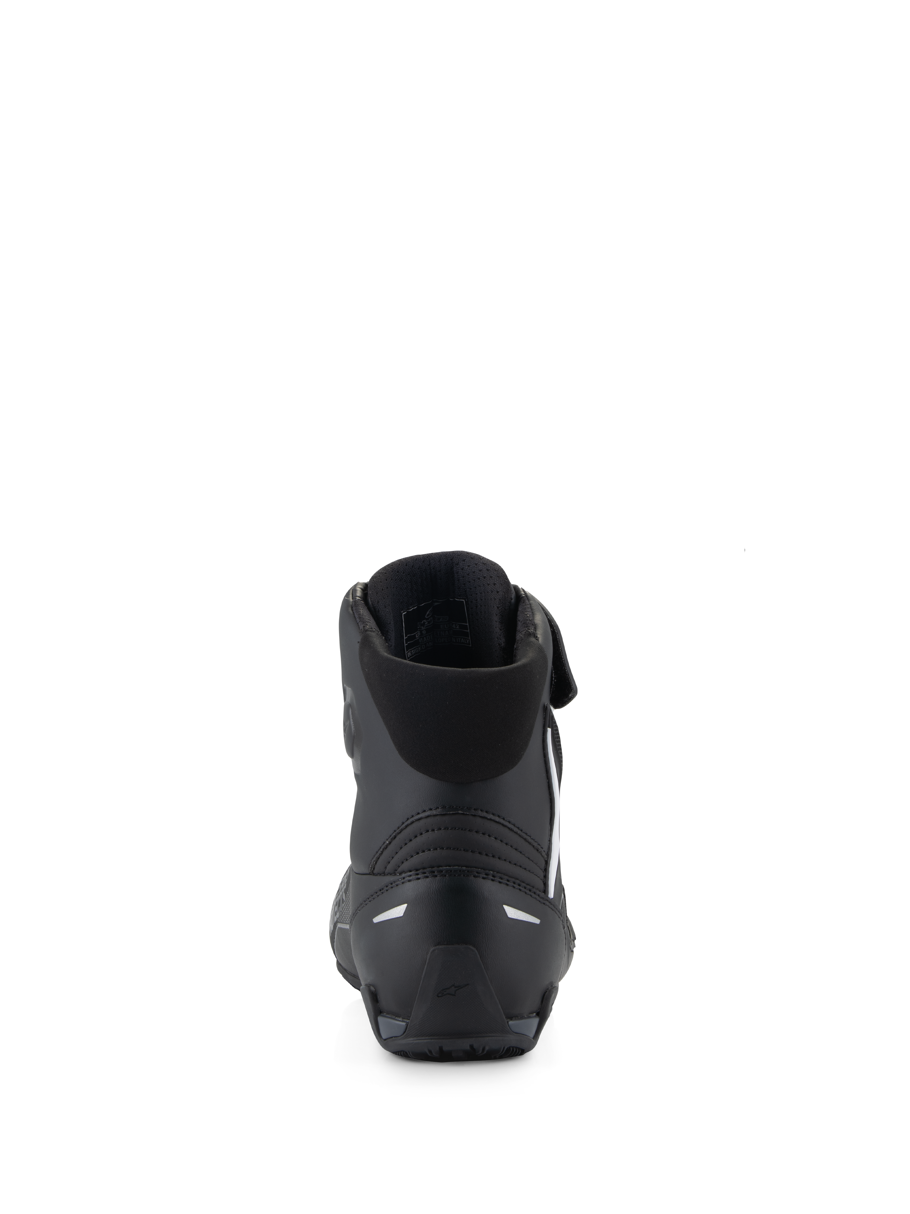 Chaussures Alpinestars Faster-4, chaussures de moto noires, vue arrière mettant en évidence le contrefort de talon en TPR et les détails réfléchissants, col en textile rembourré, design performant pour la conduite sportive sur route