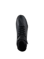 Chaussures Alpinestars Faster-4, chaussures de moto noires, vue de dessus, avec fermeture à lacets traditionnelle, tige en microfibre sans couture et col de cheville rembourré