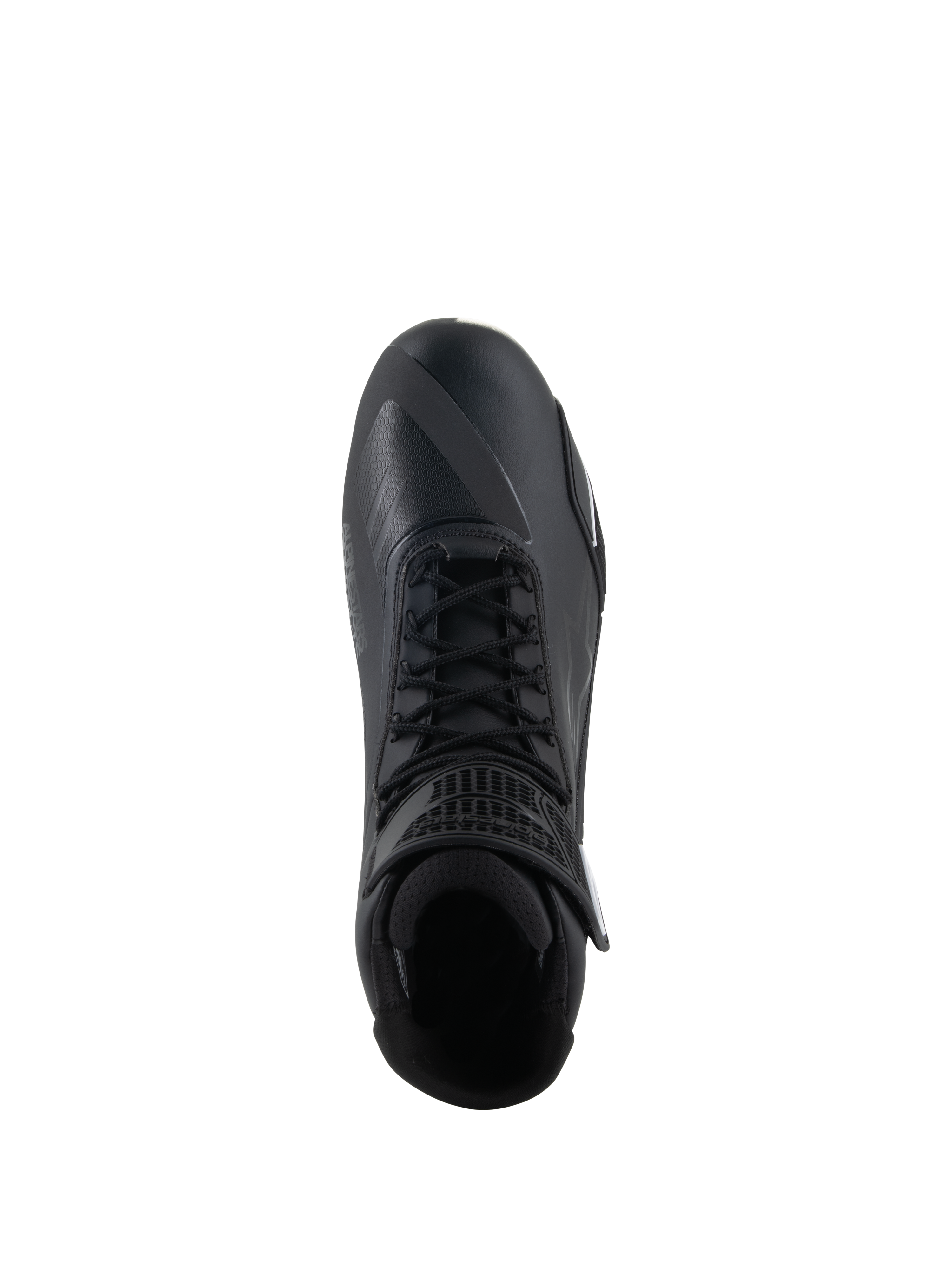 Chaussures Alpinestars Faster-4, chaussures de moto noires, vue de dessus, avec fermeture à lacets traditionnelle, tige en microfibre sans couture et col de cheville rembourré
