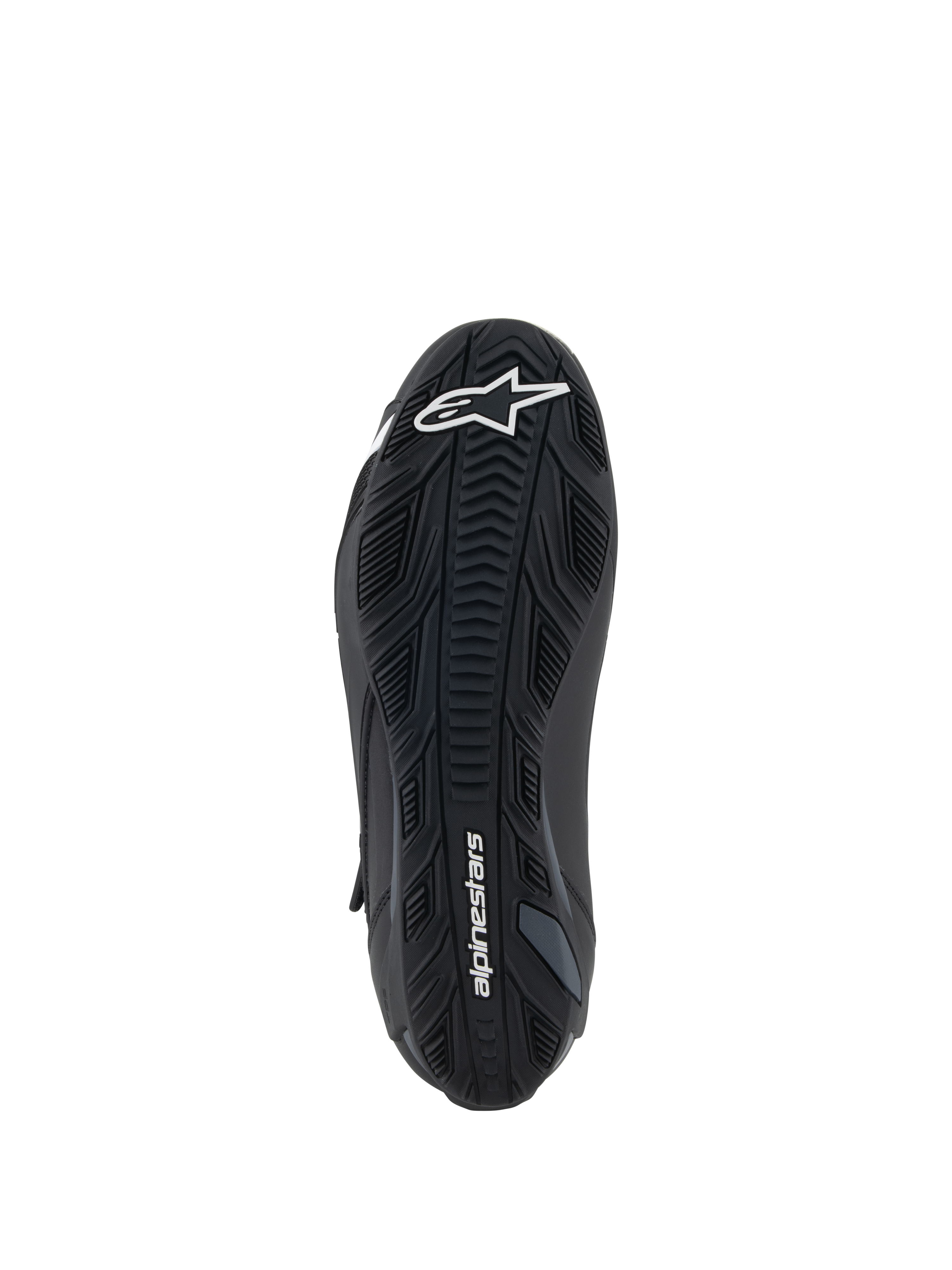 Chaussures Alpinestars Faster-4, Noir, vue de dessous de la semelle extérieure en caoutchouc avec motifs d'adhérence texturés, logo Alpinestars blanc sur l'avant-pied et marquage sur le talon, chaussure de moto performante
