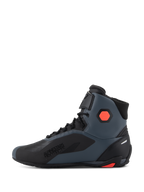 Alpinestars Faster-4 Shoes, Motorcycle Riding Shoes, Black Gray and Red Fluo, side view showcasing "Alpinestars Protects" branding, technical microfiber construction with laces and hook-and-loop strap, protective ankle and heel details for road riding
