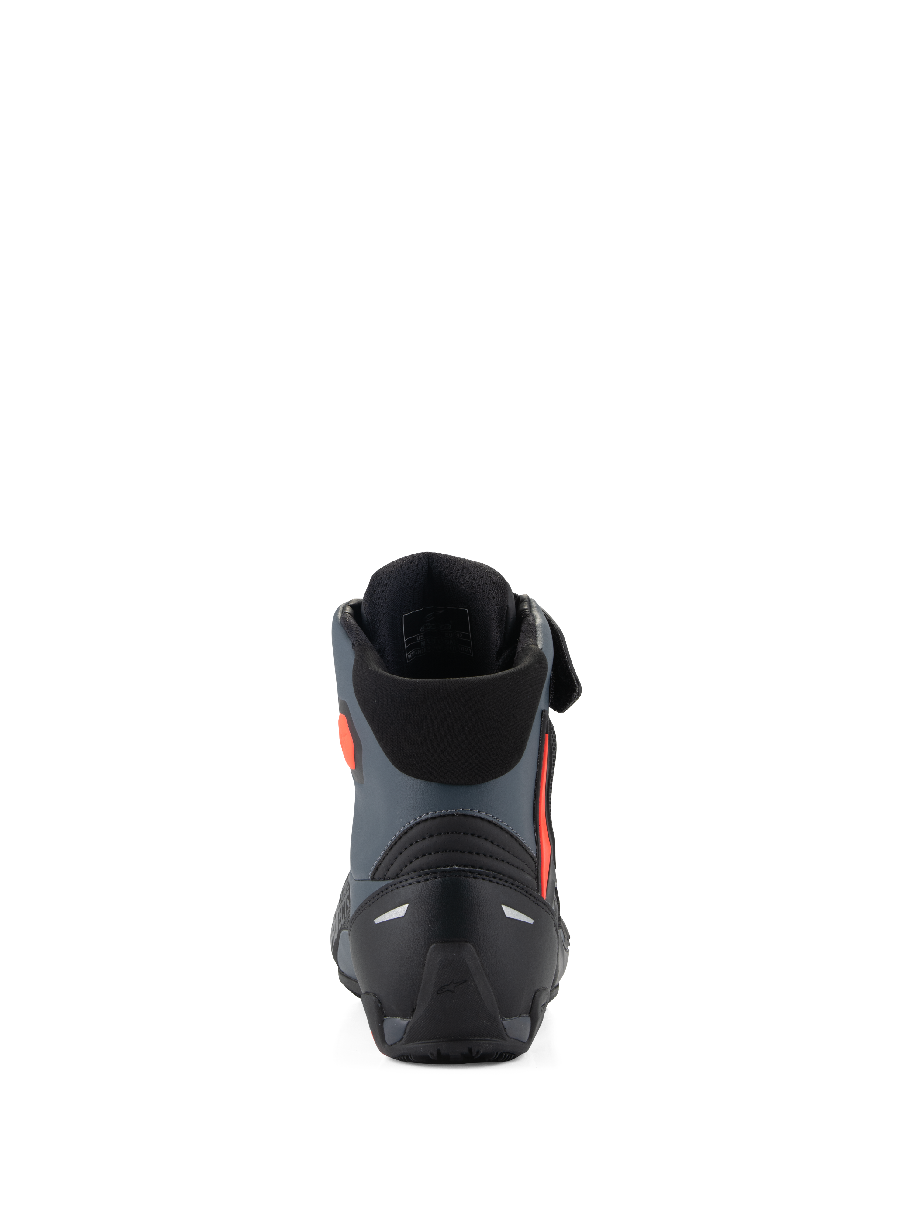 Alpinestars Faster-4 Shoes, Motorcycle Riding Shoes, Black Gray and Red Fluo, rear view showing the reinforced heel counter, ankle support, and sleek sport-inspired design.