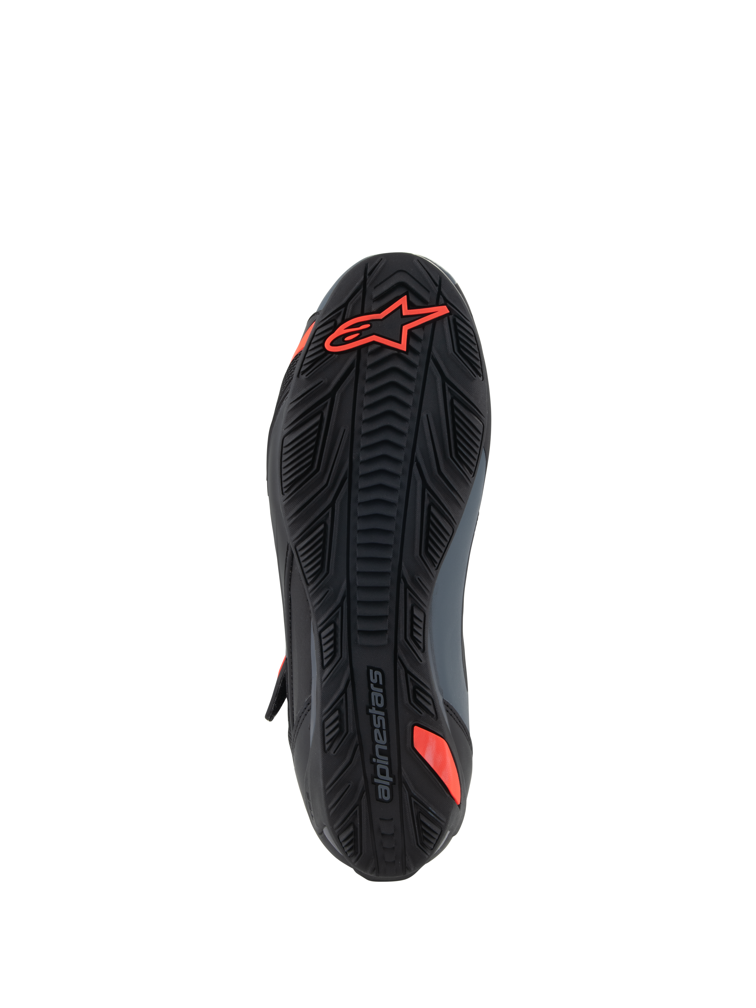 Alpinestars Faster-4 Shoes, Motorcycle Riding Shoes, Black and Red Fluo, bottom view showing textured rubber sole with red Astars logo and embossed branding, designed for grip and durability.