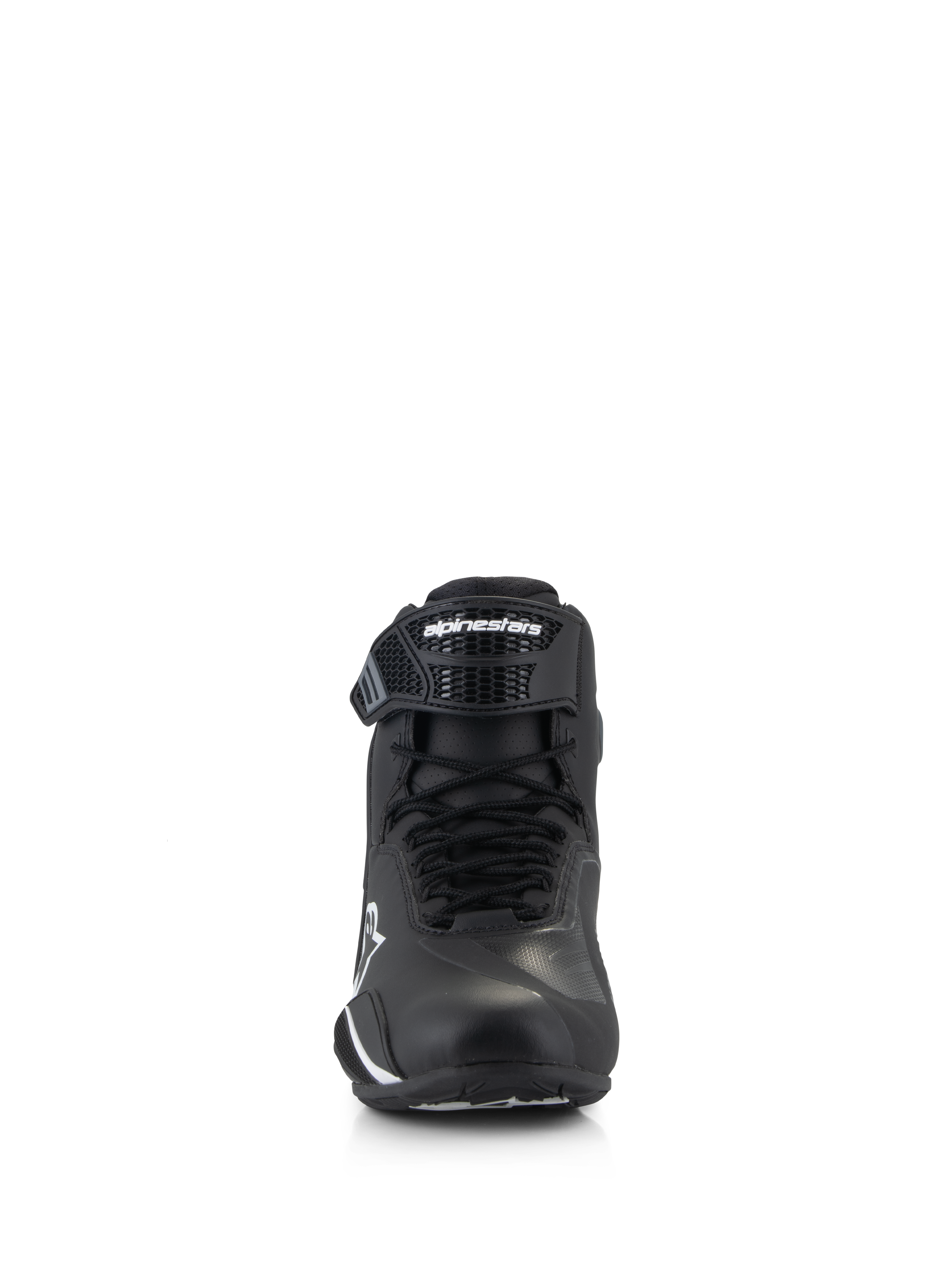 Chaussures Alpinestars Faster-4, chaussures de moto, noir et blanc, vue de face montrant la fermeture à lacets et la sangle de cheville ajustable en TPR avec le logo Alpinestars, design élégant et protecteur pour la conduite sur route
