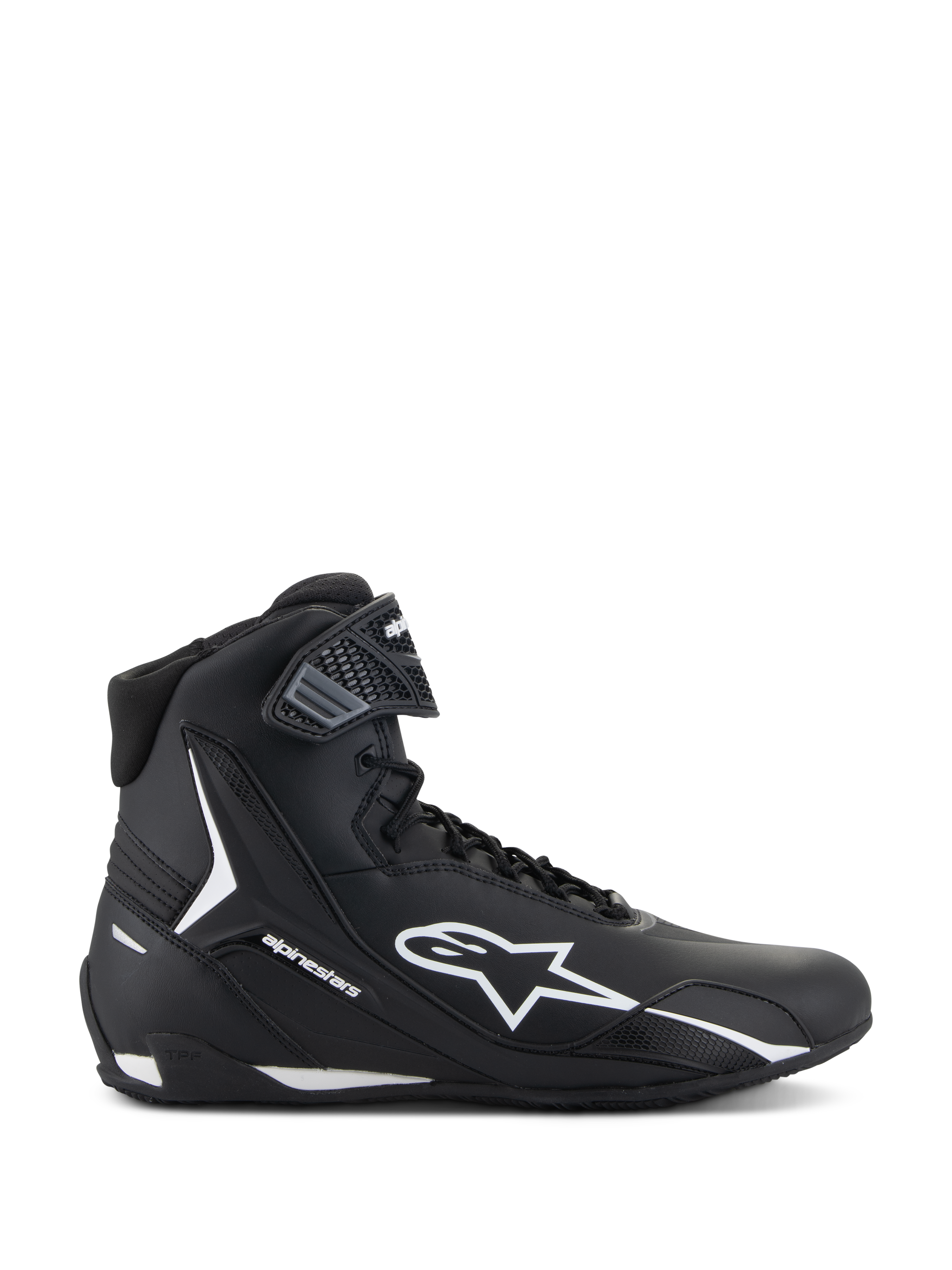 Chaussures Alpinestars Faster-4, chaussures de moto noires et blanches, vue latérale du modèle montant avec logo étoile blanc, sangle de cheville texturée, fermeture à lacets, tige en microfibre élégante, chaussures de performance inspirées de la course