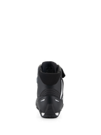 Chaussures Alpinestars Faster-4, chaussures de moto, noires, vue arrière présentant un contrefort de talon en TPR, un col en textile souple et des accents blancs sur le talon et la semelle, chaussures de protection haute performance