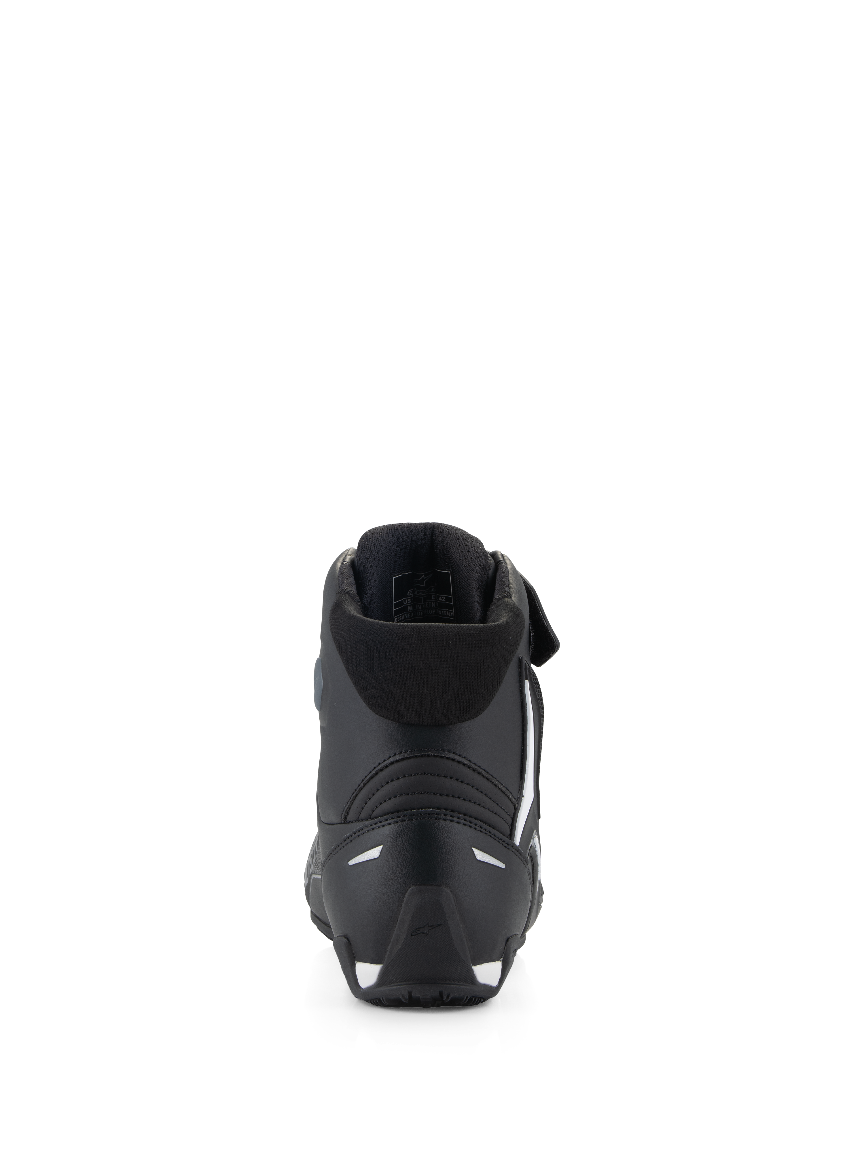Chaussures Alpinestars Faster-4, chaussures de moto, noires, vue arrière présentant un contrefort de talon en TPR, un col en textile souple et des accents blancs sur le talon et la semelle, chaussures de protection haute performance