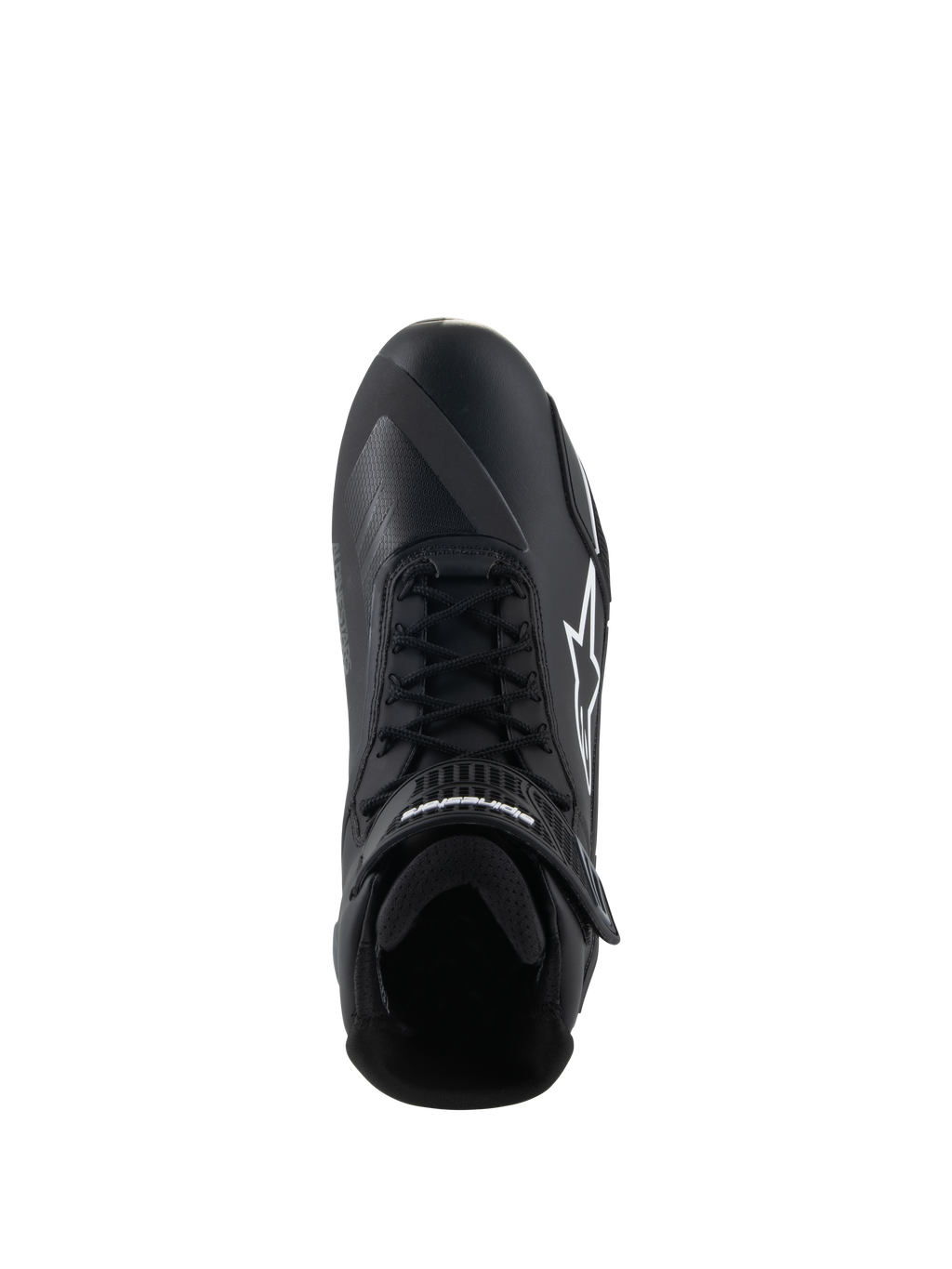 Chaussures Alpinestars Faster-4, chaussures de moto, noir et blanc, vue de dessus montrant la fermeture à lacets, la sangle de cheville auto-agrippante et le logo Alpinestars blanc sur le côté