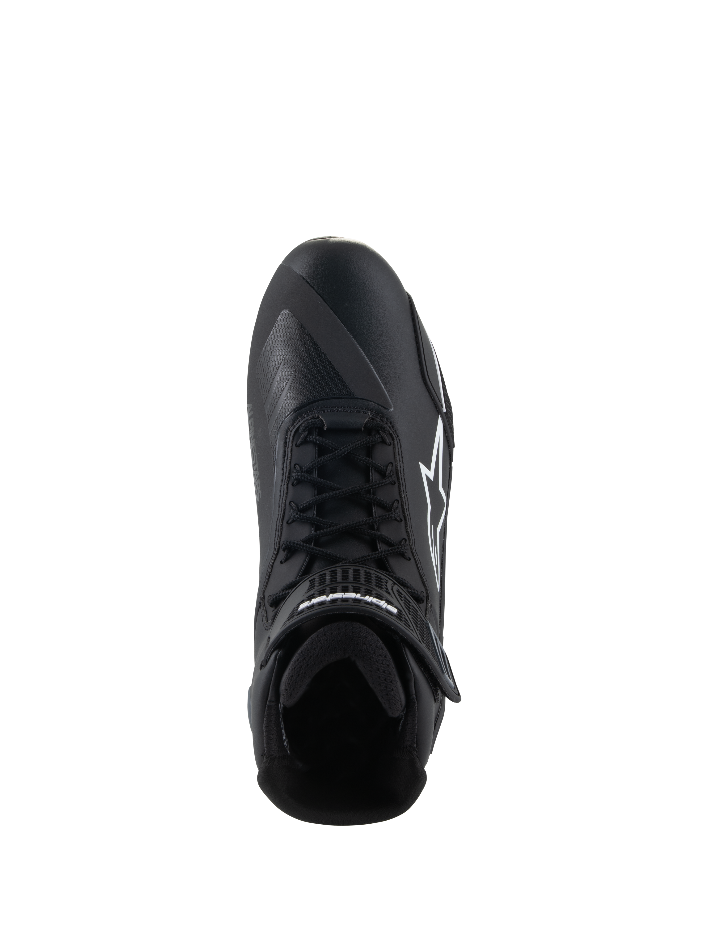 Chaussures Alpinestars Faster-4, chaussures de moto, noir et blanc, vue de dessus montrant la fermeture à lacets, la sangle de cheville auto-agrippante et le logo Alpinestars blanc sur le côté