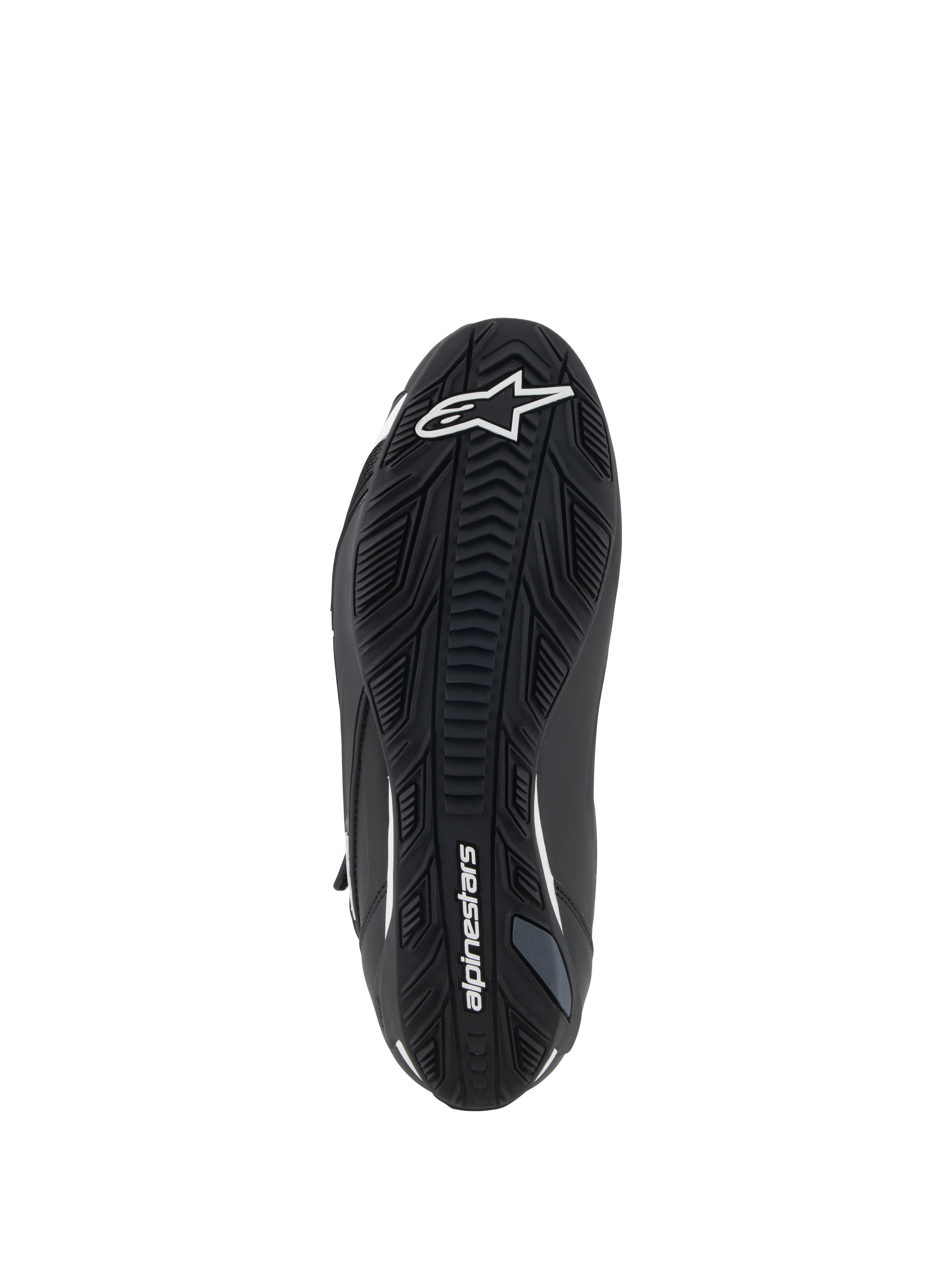 Chaussures Alpinestars Faster-4, chaussures de moto, noir et blanc, vue de la semelle en caoutchouc texturé avec logo étoile Alpinestars blanc sur la pointe et lettrage sur la voûte plantaire, semelle extérieure axée sur l'adhérence pour la performance sur route