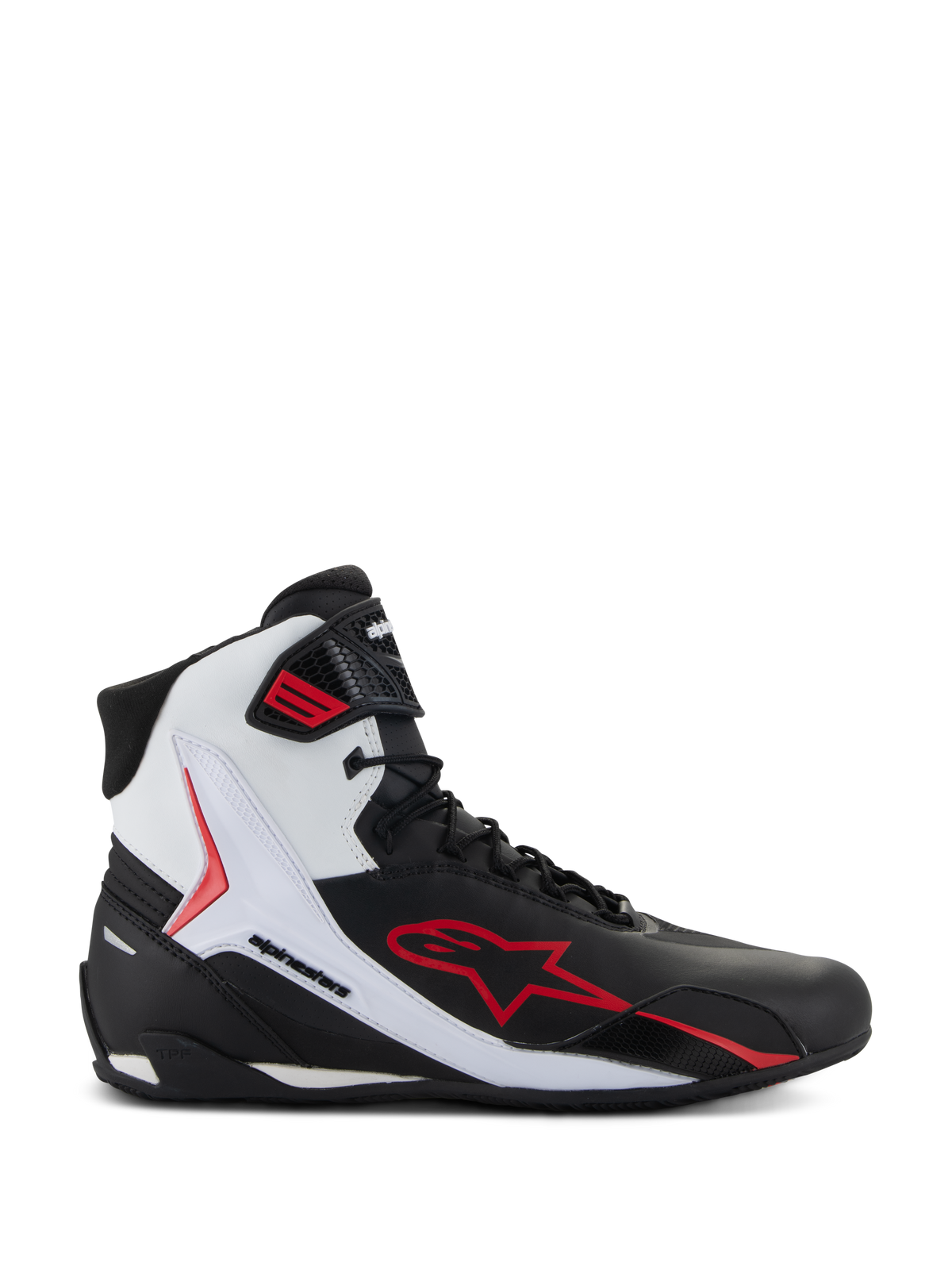 Alpinestars Faster-4 schoenen, hoge motorschoenen, zwart, wit en rood, met een groot rood stervormig logo, wit zijpaneel met Alpinestars-branding en een sportief design voor weggebruik