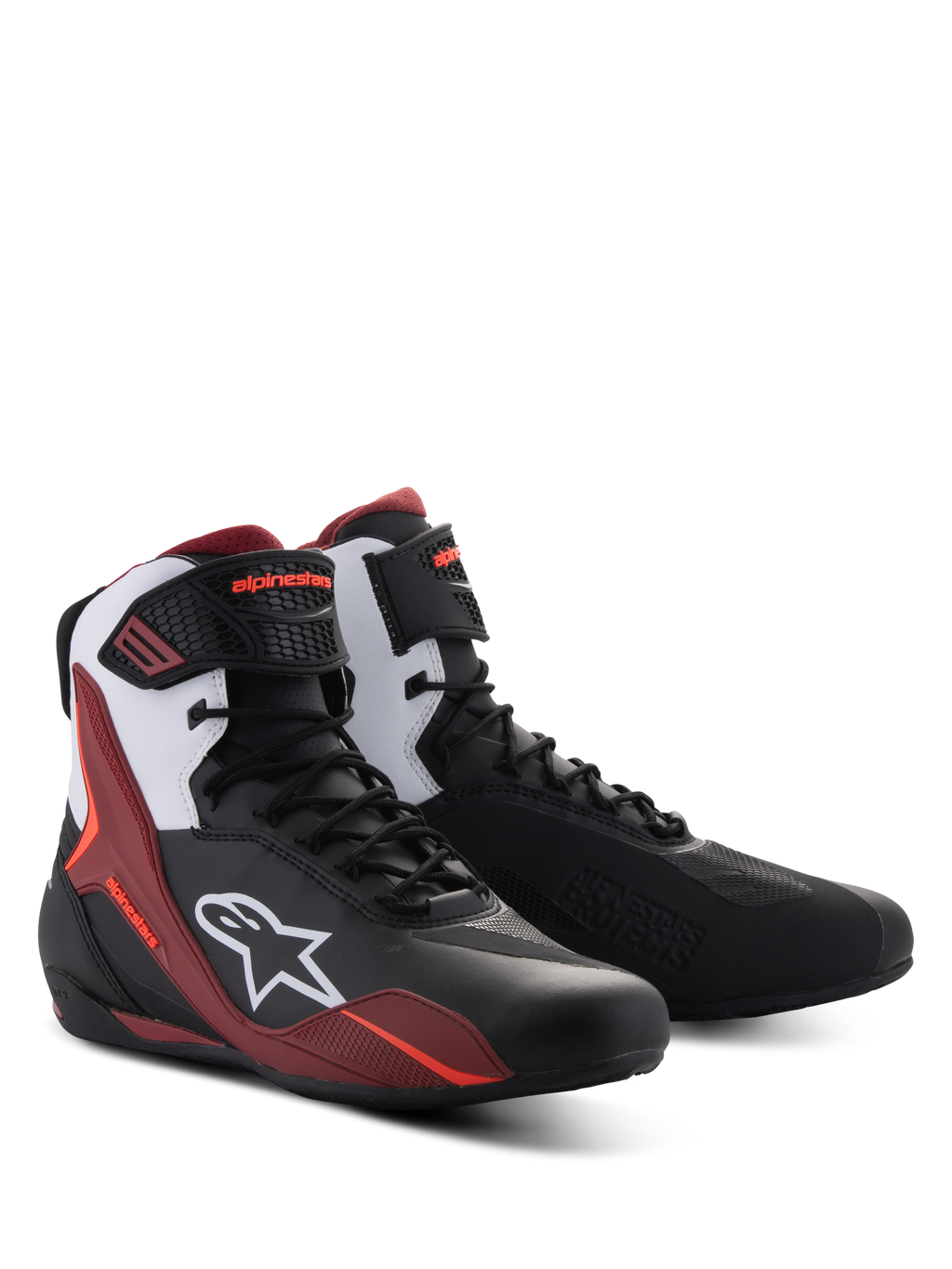 Alpinestars Faster-4 Shoes, Motorcycle Riding Shoes, Black White and Dark Red, featuring lace-up closure with an ankle strap, white Alpinestars logo on the side, sporty design with reinforced protection for road riding