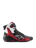 Alpinestars Faster-4 Shoes, High-Top Motorcycle Riding Shoes, Black White and Dark Red, side profile view featuring white Alpinestars logo and red TPU support panels, lace-up design with a sporty racing style, durable microfiber construction.