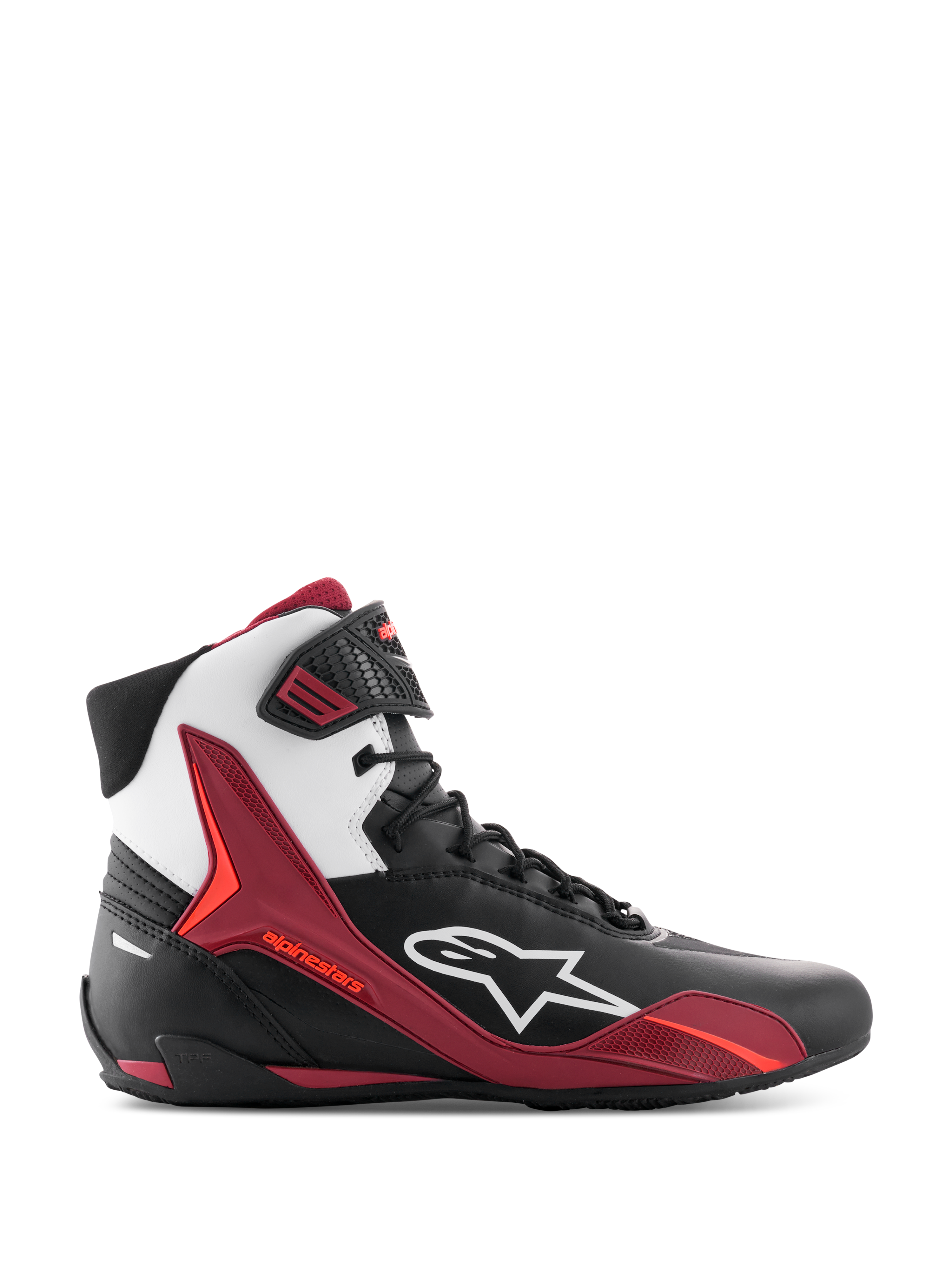 Alpinestars Faster-4 schoenen, hoge motorsportschoenen, zwart, wit en donkerrood, zijaanzicht met wit Alpinestars-logo en rode TPU-ondersteuningspanelen, vetersluiting met een sportieve racingstijl, duurzame microvezelconstructie.