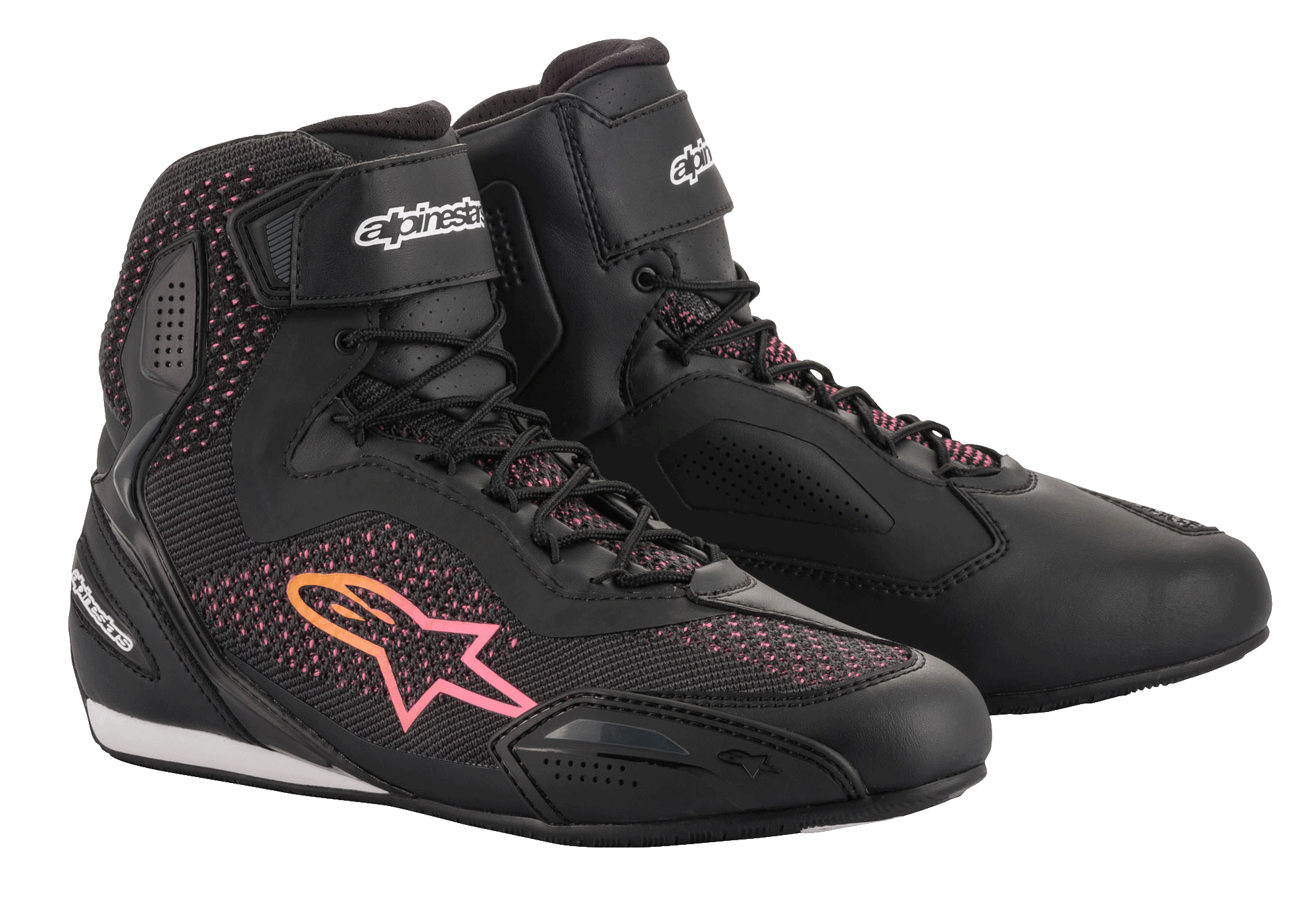 Alpinestars Stella Faster-3 Rideknit® pour femme, chaussures de moto, noir avec accents jaunes et roses, dotées d'une tige en maille tricotée respirante, d'une fermeture à lacets sécurisée avec sangle velcro à la cheville et de panneaux de protection renforcés.