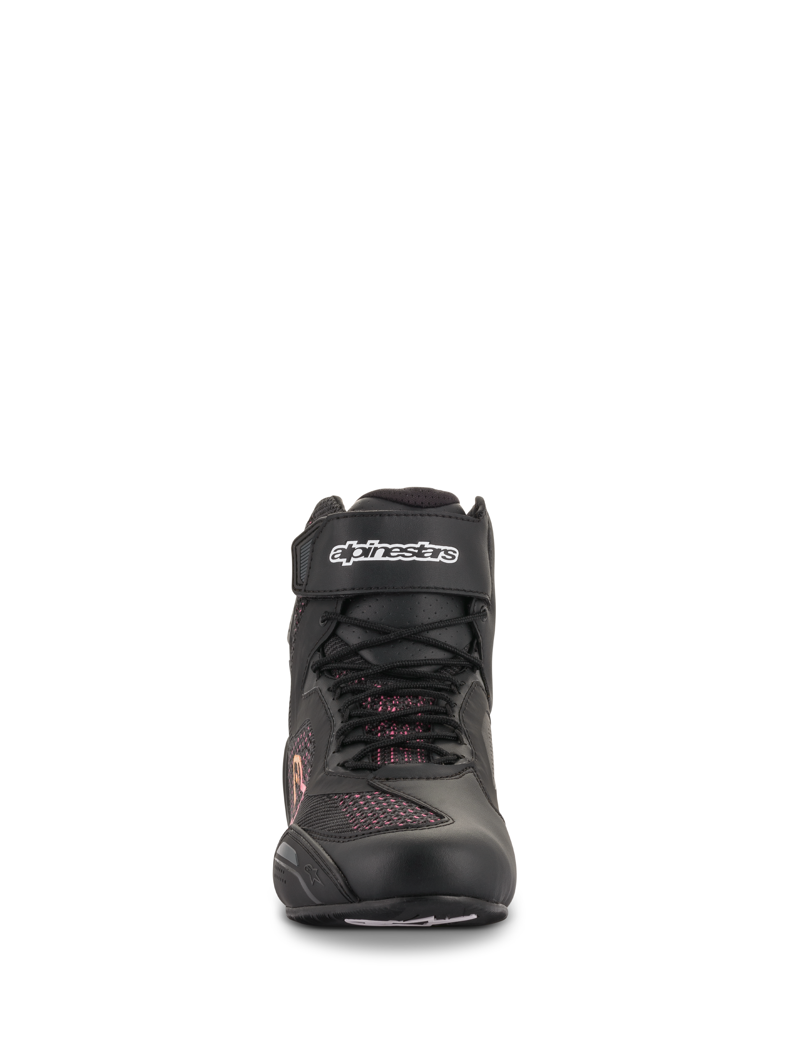 Chaussures Alpinestars Stella Faster-3 Rideknit® pour femme, noir, jaune et rose, vue de face montrant la construction en maille sans couture, lacets et sangle de cheville à velcro avec logo Alpinestars blanc, chaussures de moto légères