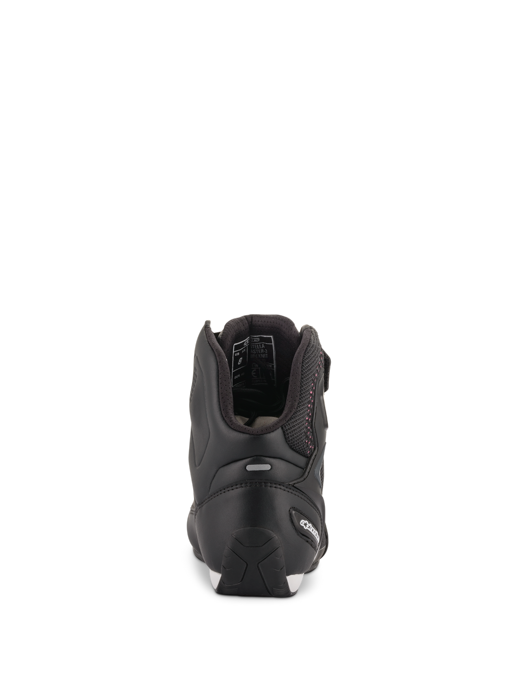 Chaussures Alpinestars Stella Faster-3 Rideknit® pour femme, noir avec touches de rose, vue arrière montrant la protection du talon et la bande réfléchissante, chaussures de moto montantes en maille respirante