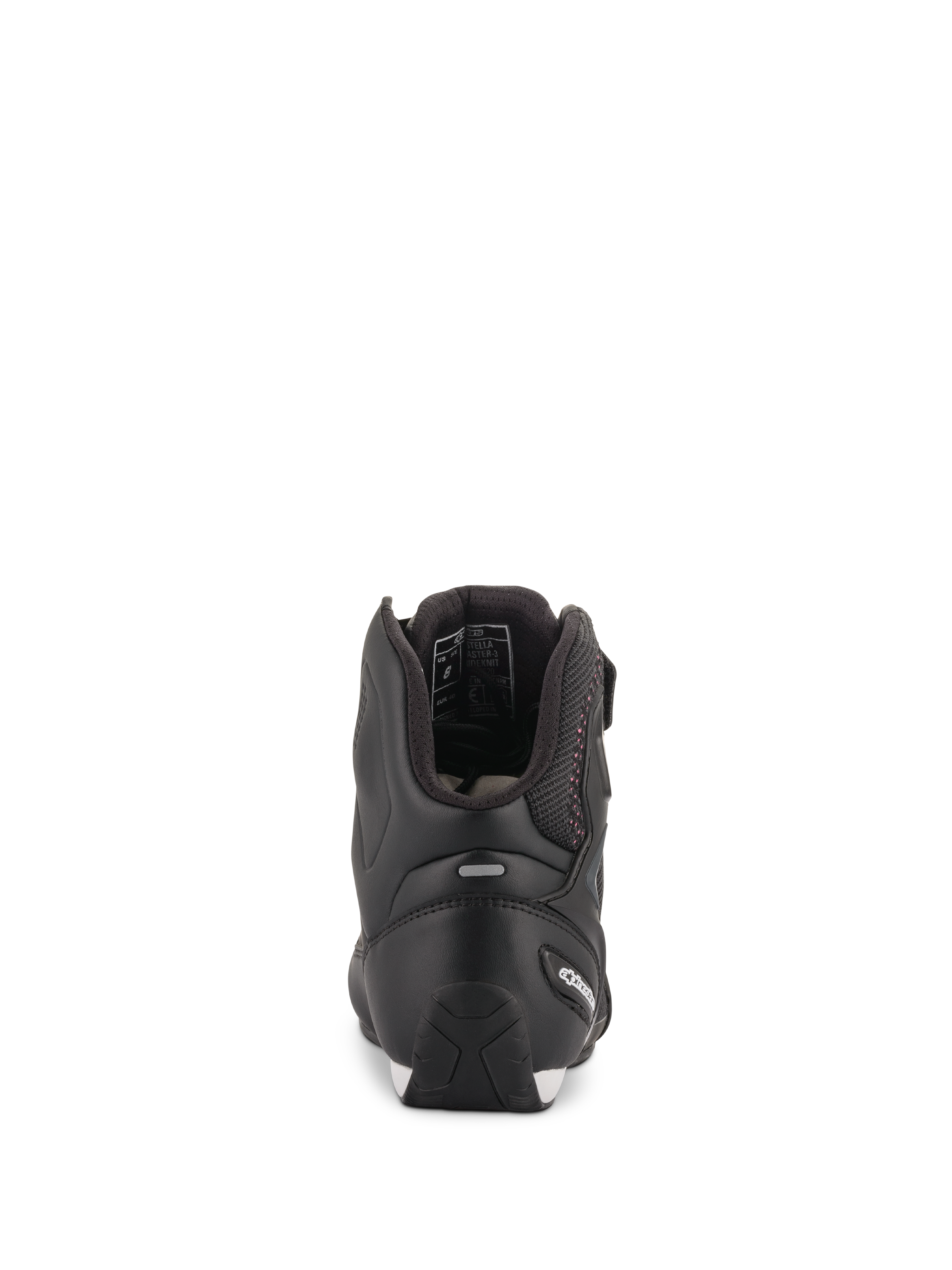 Chaussures Alpinestars Stella Faster-3 Rideknit® pour femme, noir avec touches de rose, vue arrière montrant la protection du talon et la bande réfléchissante, chaussures de moto montantes en maille respirante