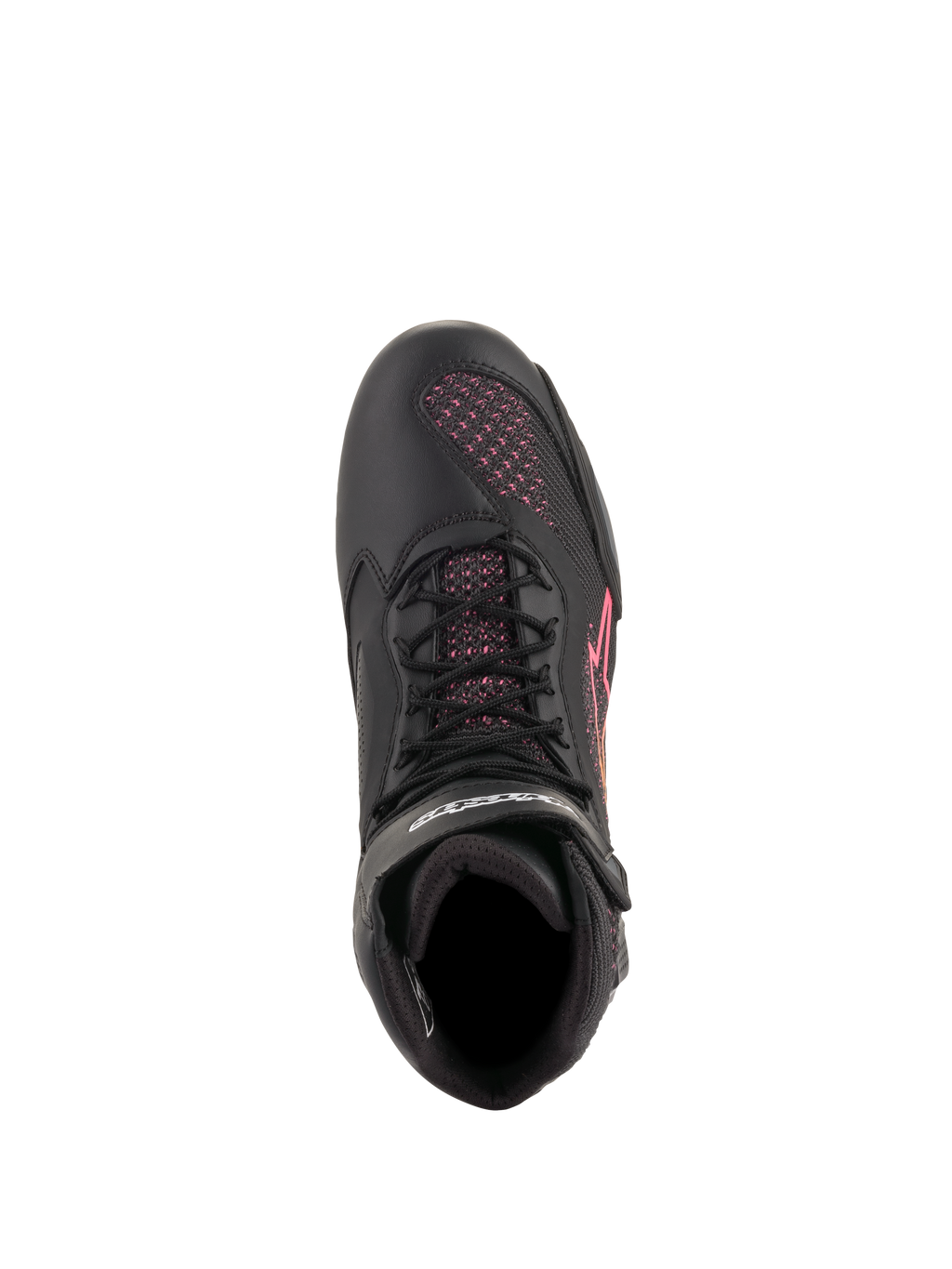 Chaussures Alpinestars Stella Faster-3 Rideknit® pour femme, chaussures de moto, noir, jaune et rose, vue de dessus mettant en évidence les lacets noirs et les empiècements en maille tricotée rose, chaussures de sport légères et respirantes