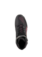 Chaussures Alpinestars Stella Faster-3 Rideknit® pour femme, chaussures de moto, noir, jaune et rose, vue de dessus mettant en évidence les lacets noirs et les empiècements en maille tricotée rose, chaussures de sport légères et respirantes